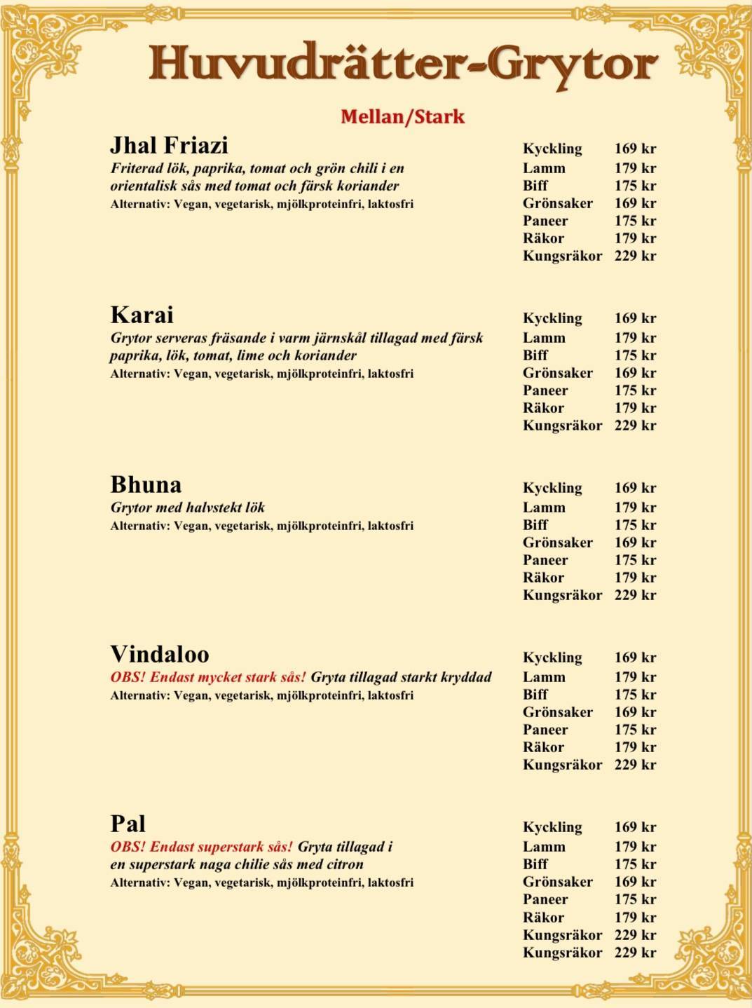 Tripti Indisk Restaurang меню