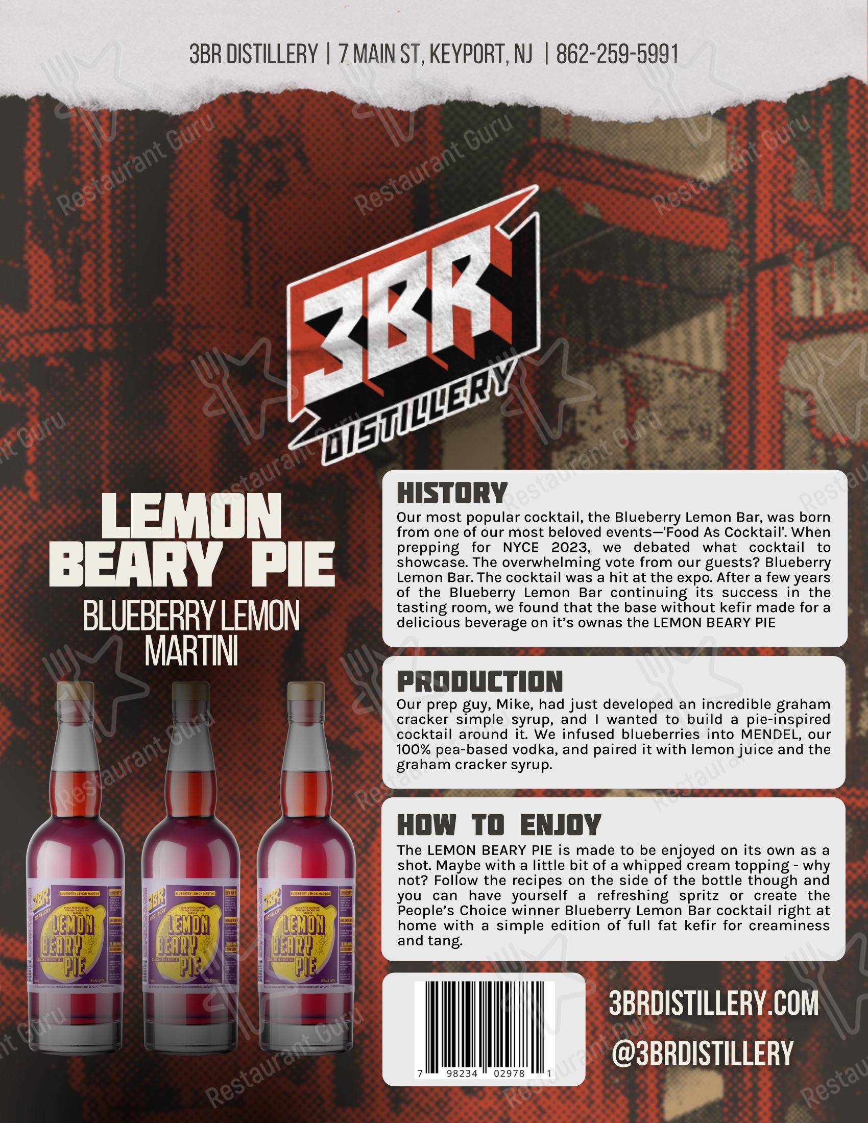 Меню напитков паба и бара 3BR Distillery в Кейпорте