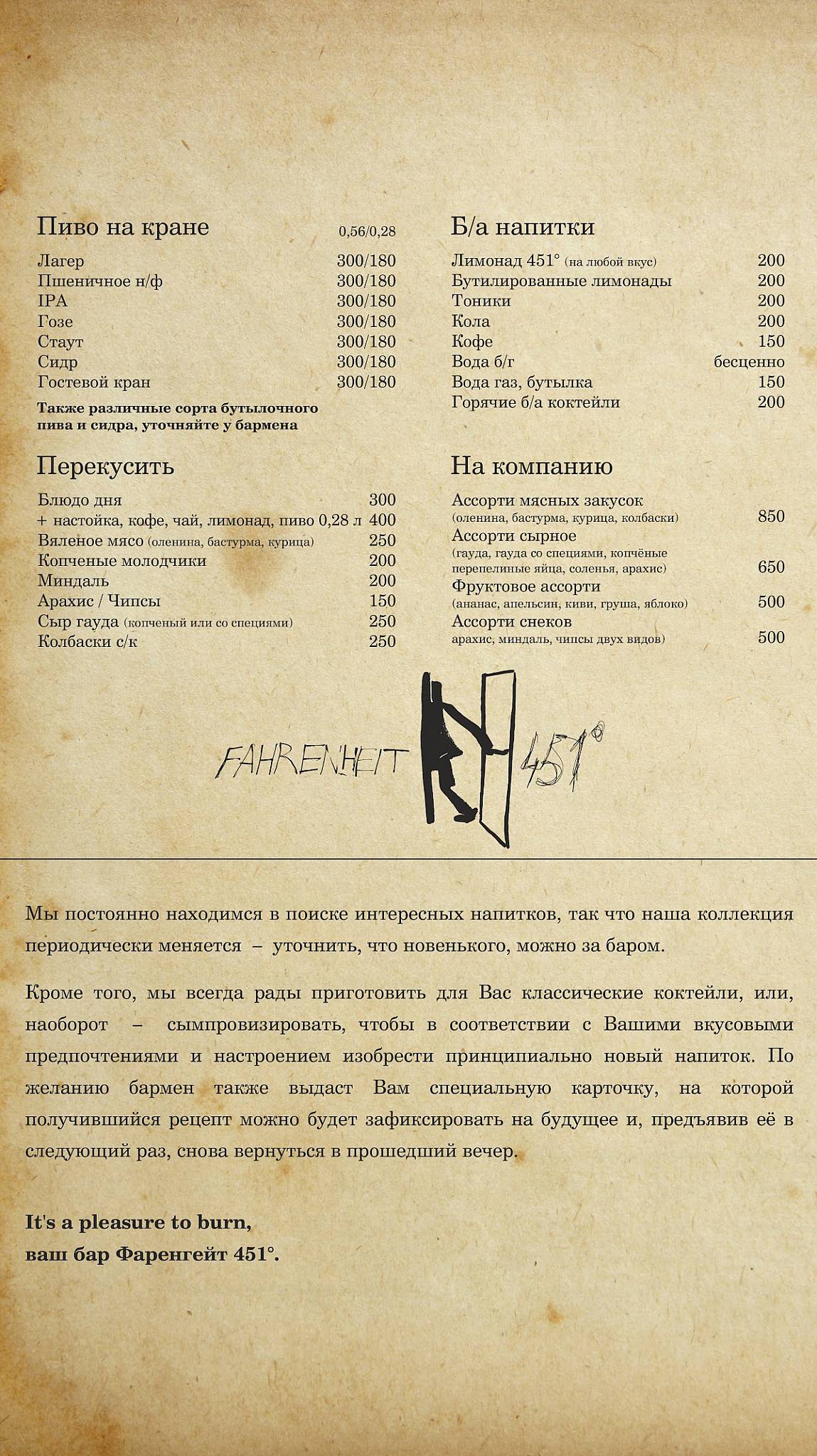 451 Фаренгейт меню