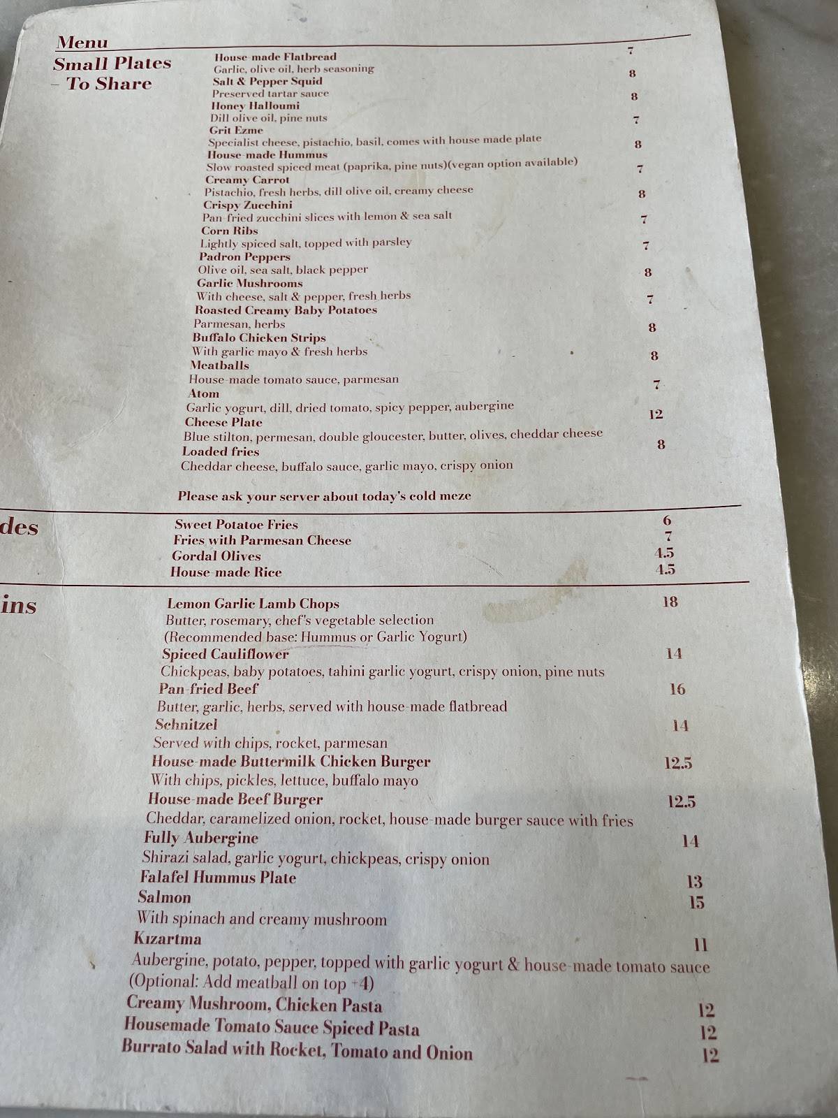 A Table Cafe & Restaurant меню