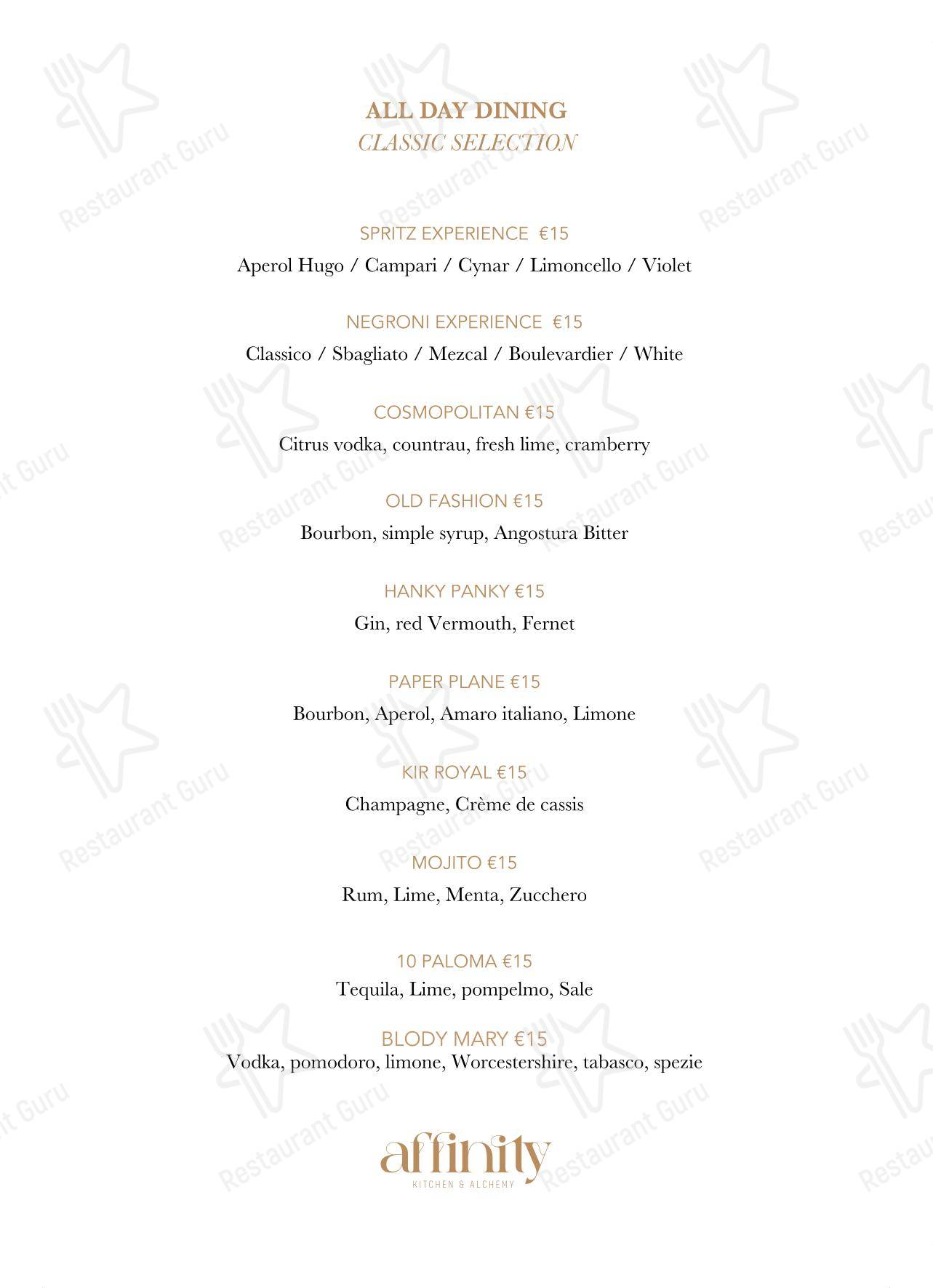 Affinity Kitchen & Alchemy Restaurant в Риме - Основное меню