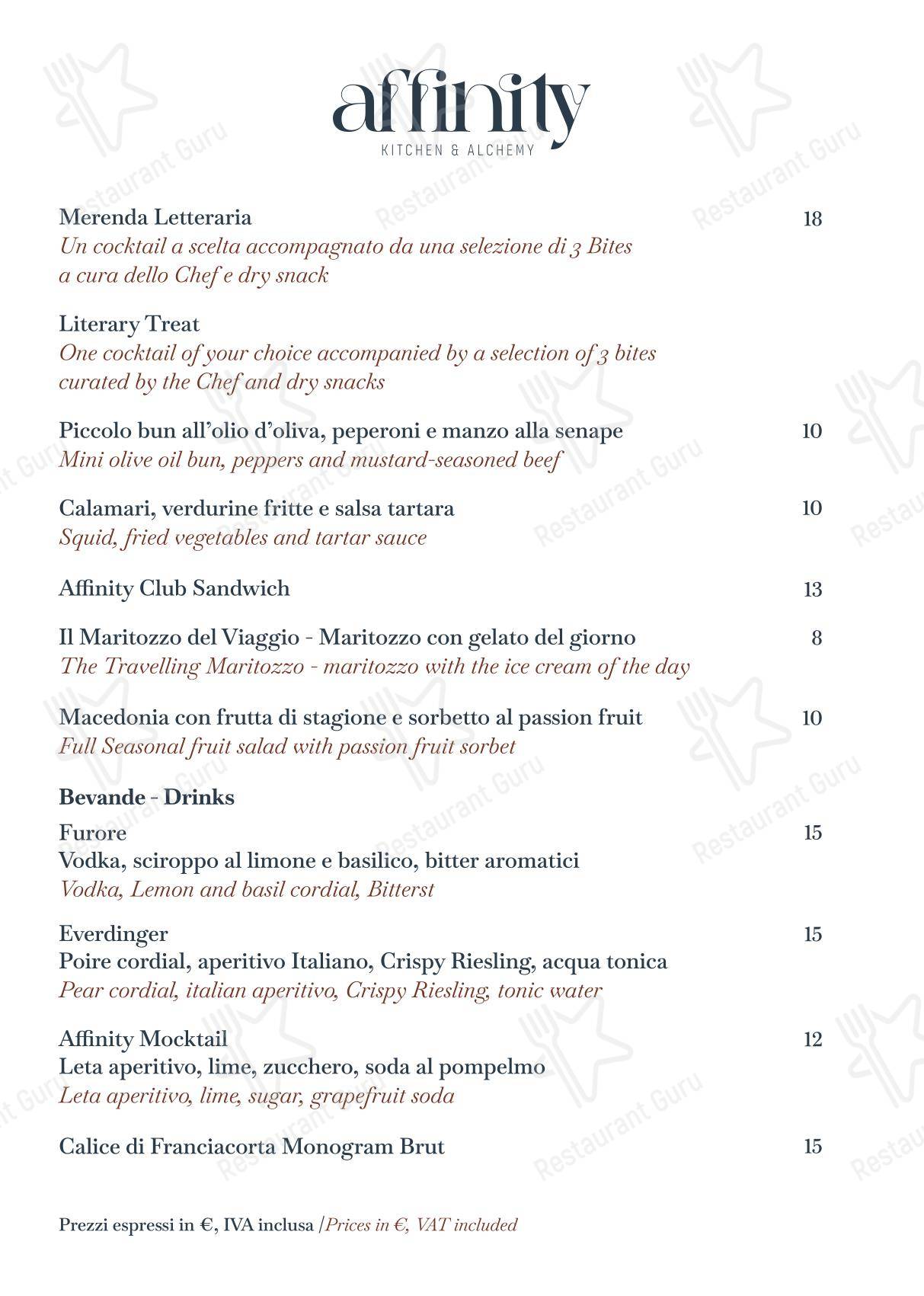 Dinner Menu ресторана Affinity Kitchen & Alchemy Restaurant в Риме