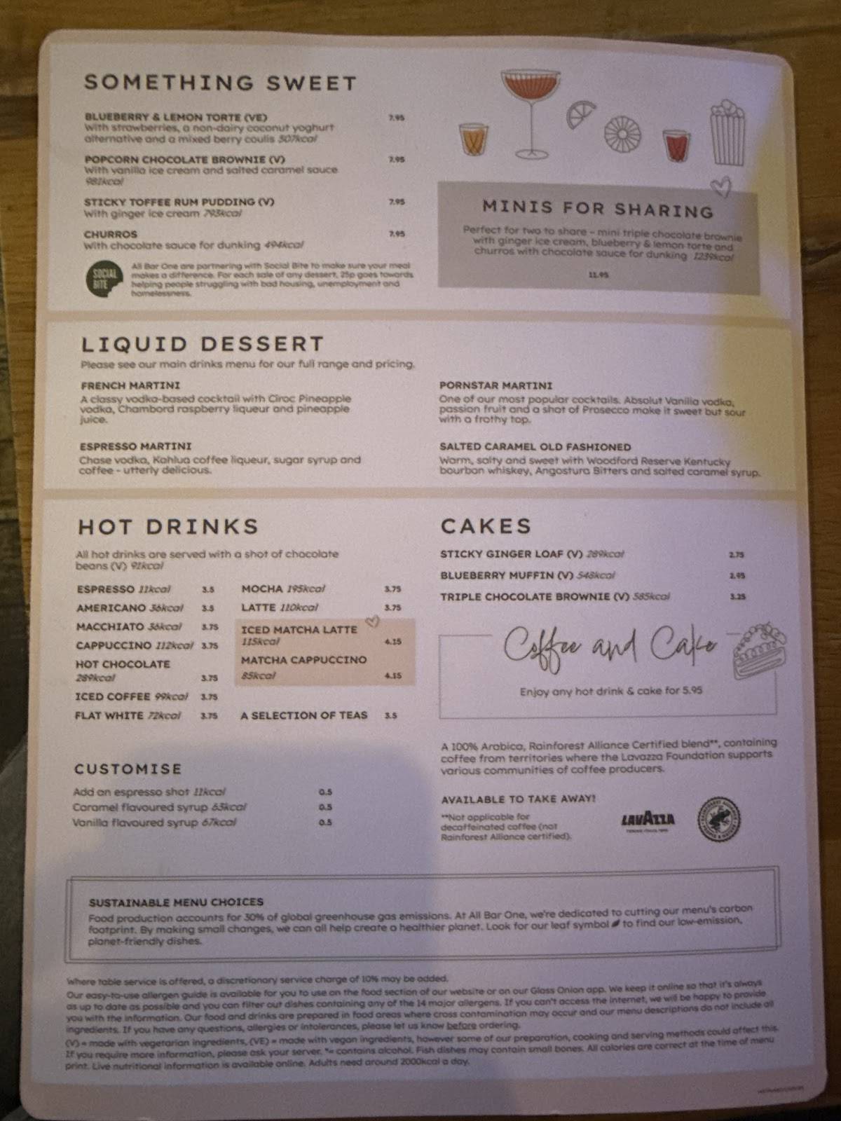 All Bar One Covent Garden меню