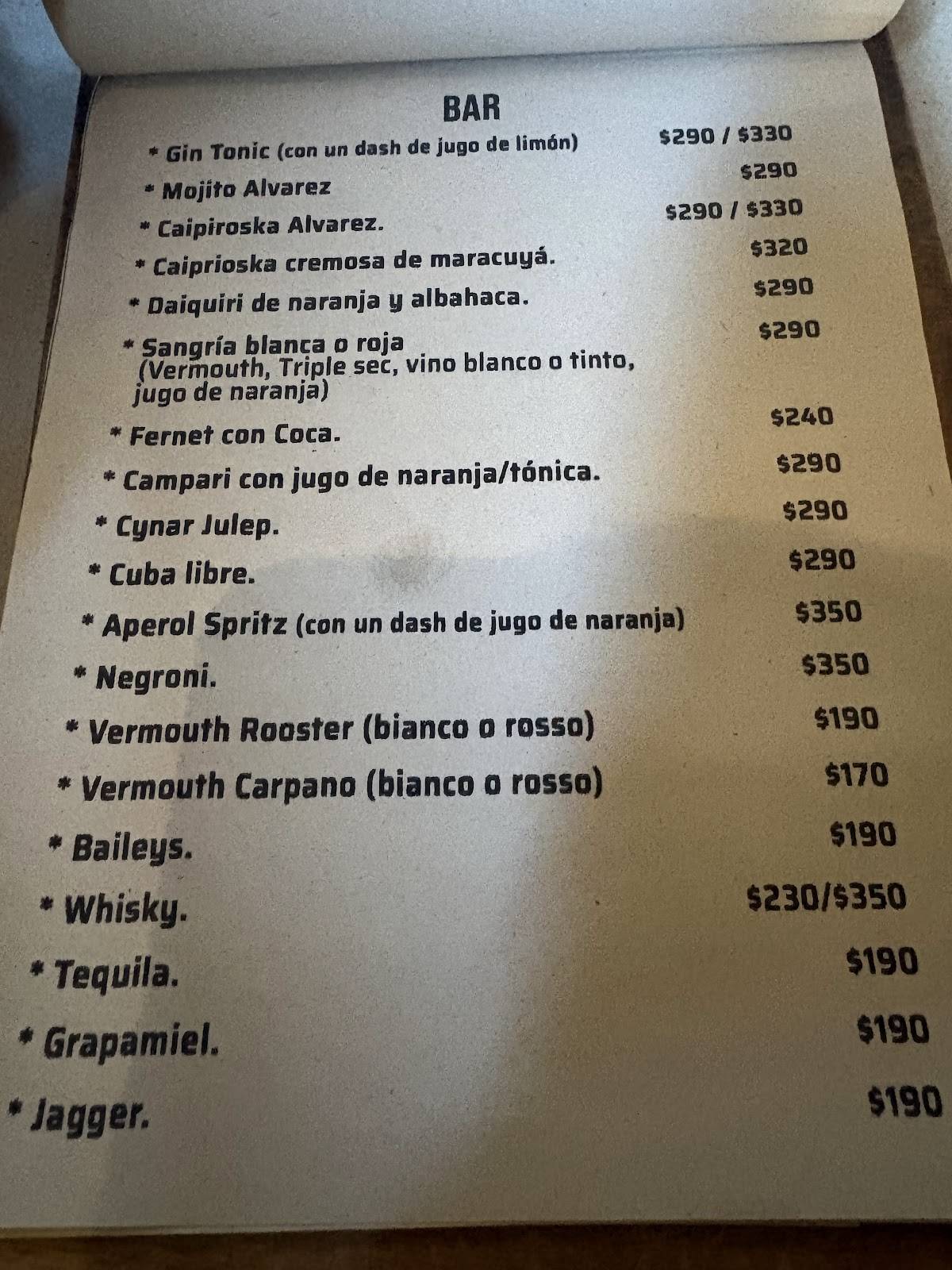 Alvarez Bar меню