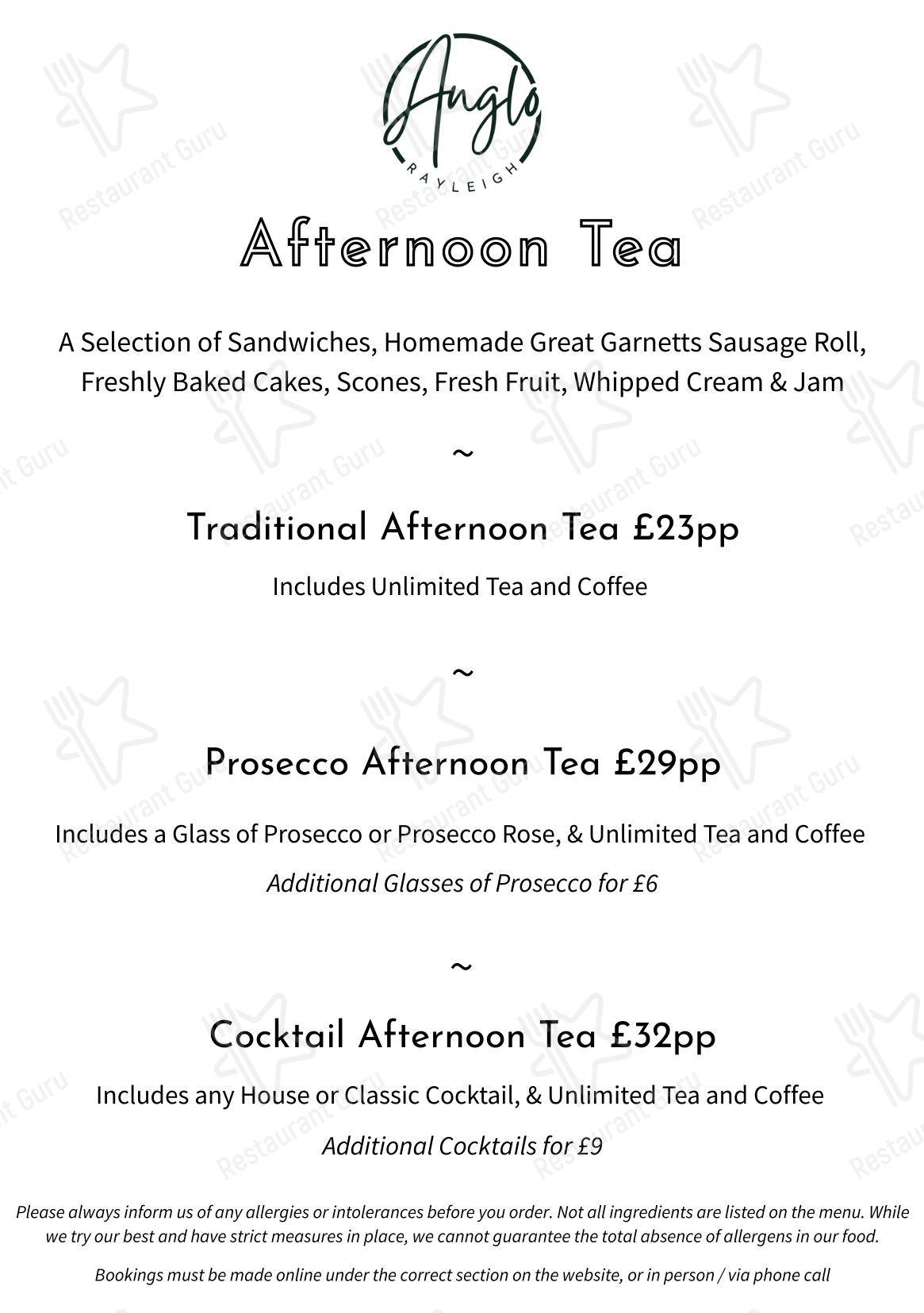 Dinner Menu ресторана Anglo в Рейли