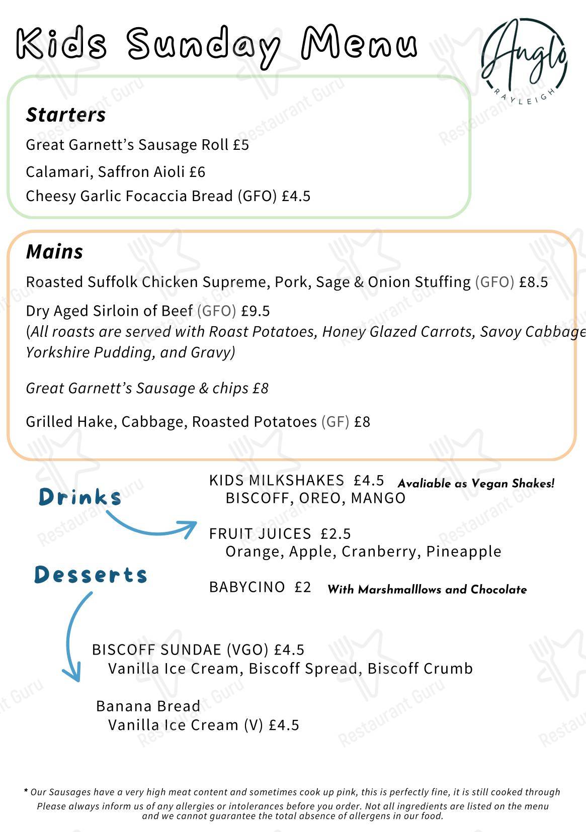 Dinner Menu ресторана Anglo в Рейли