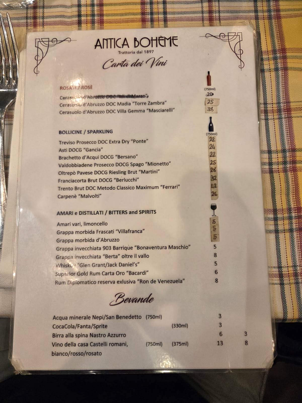Antica Boheme меню