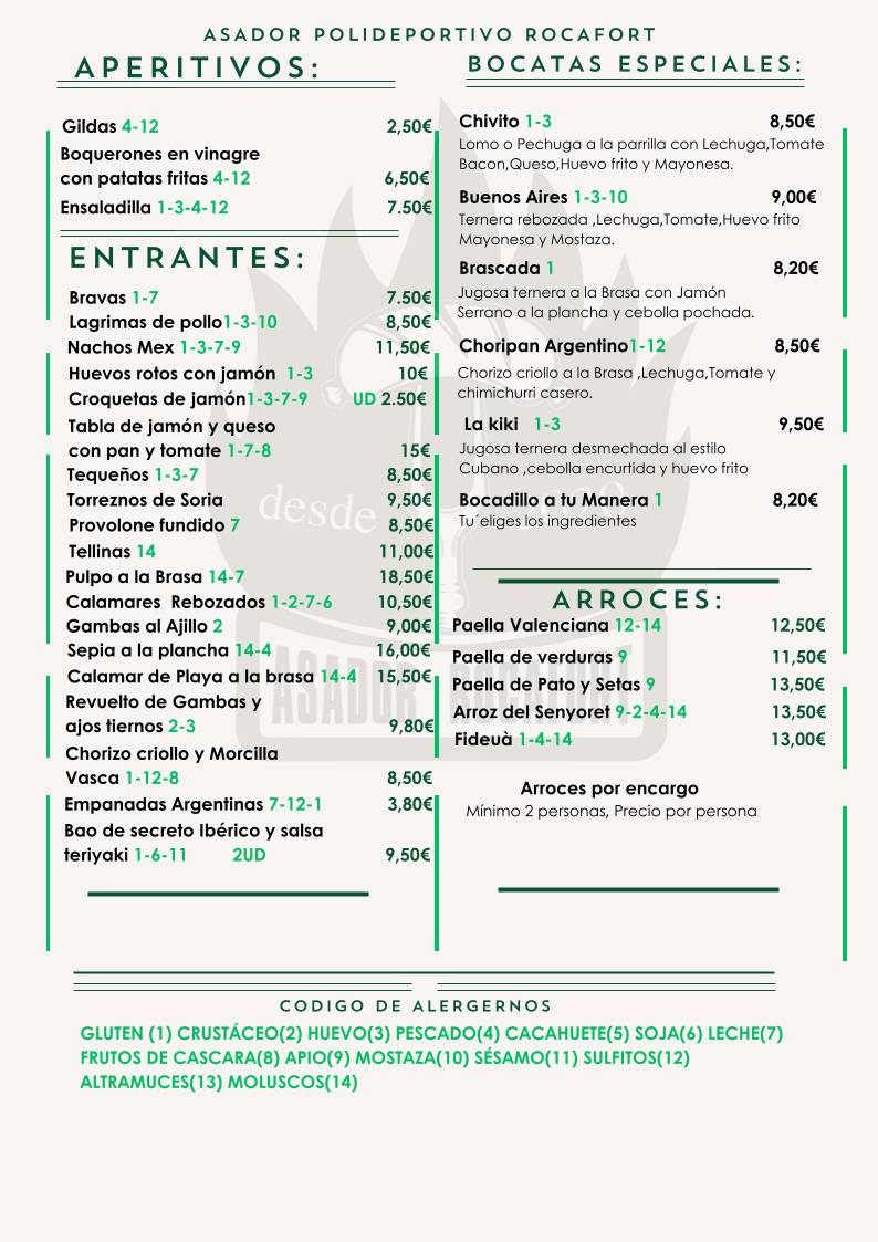 Asador Polideportivo Rocafort меню
