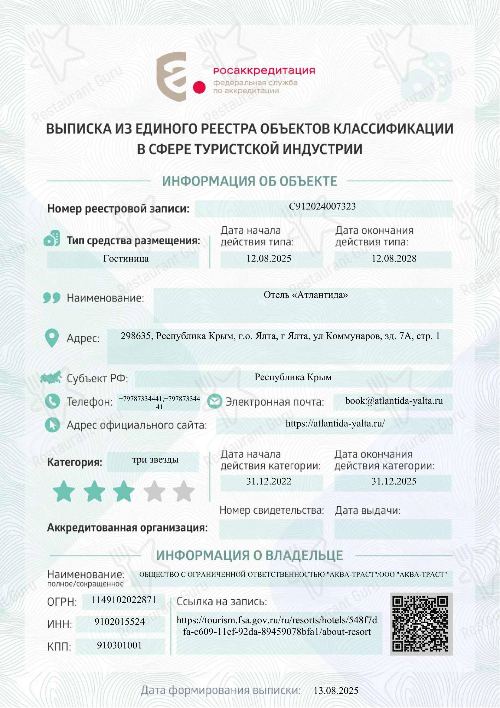 Меню ресторана Атлантида в Ялте