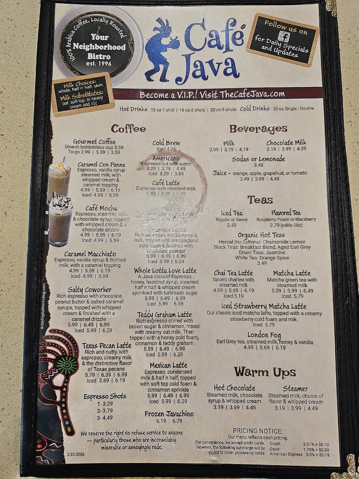 Cafe Java меню