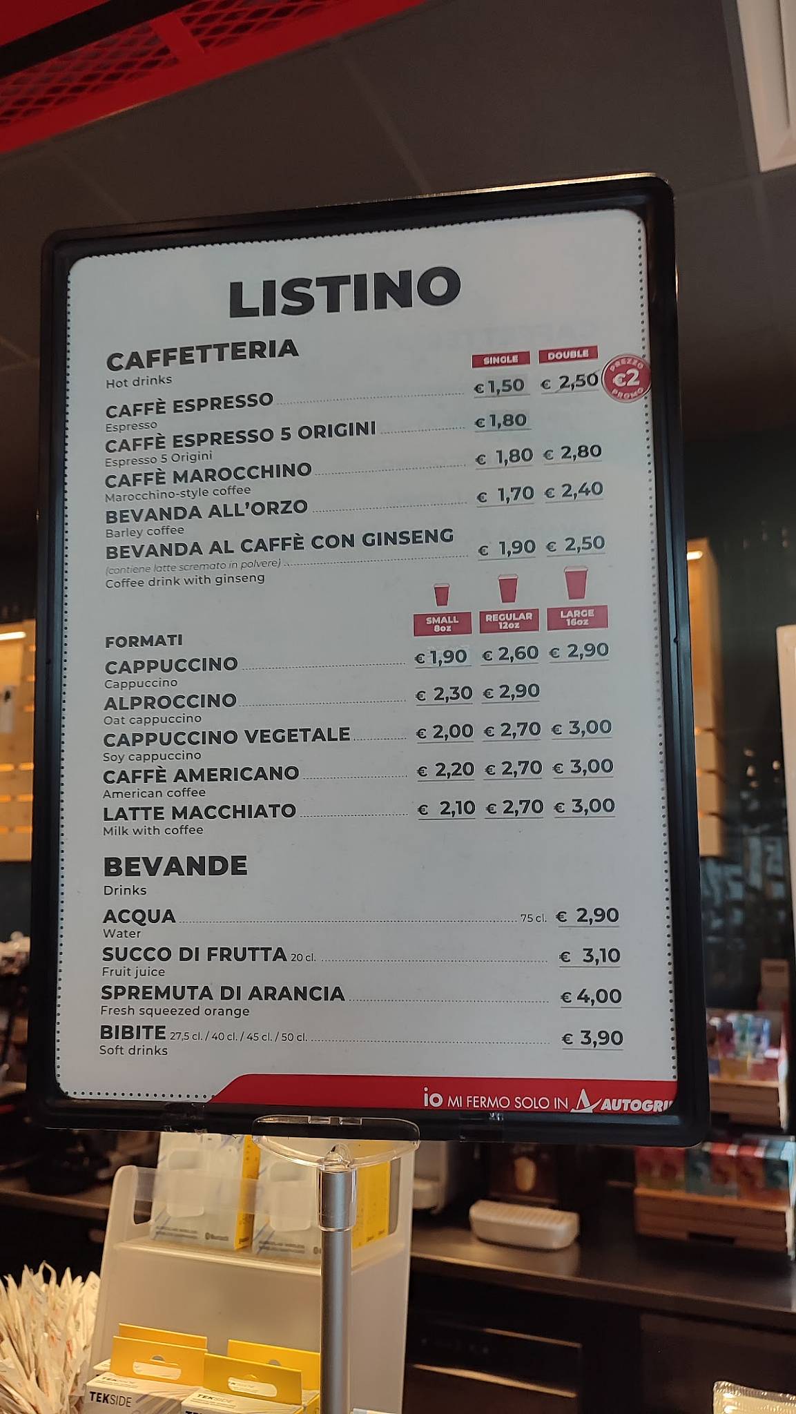 Autogrill Colle Tasso Sud меню