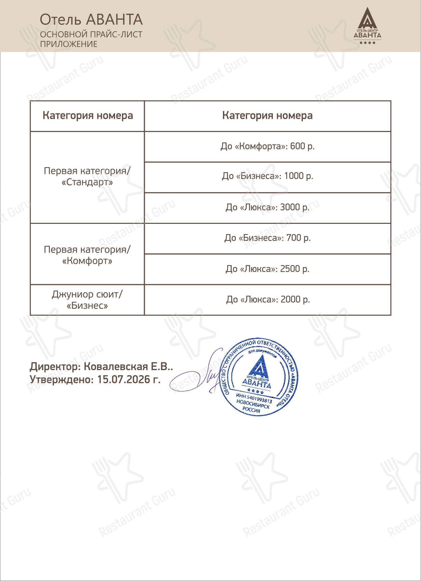 Меню напитков ресторана Аванта
