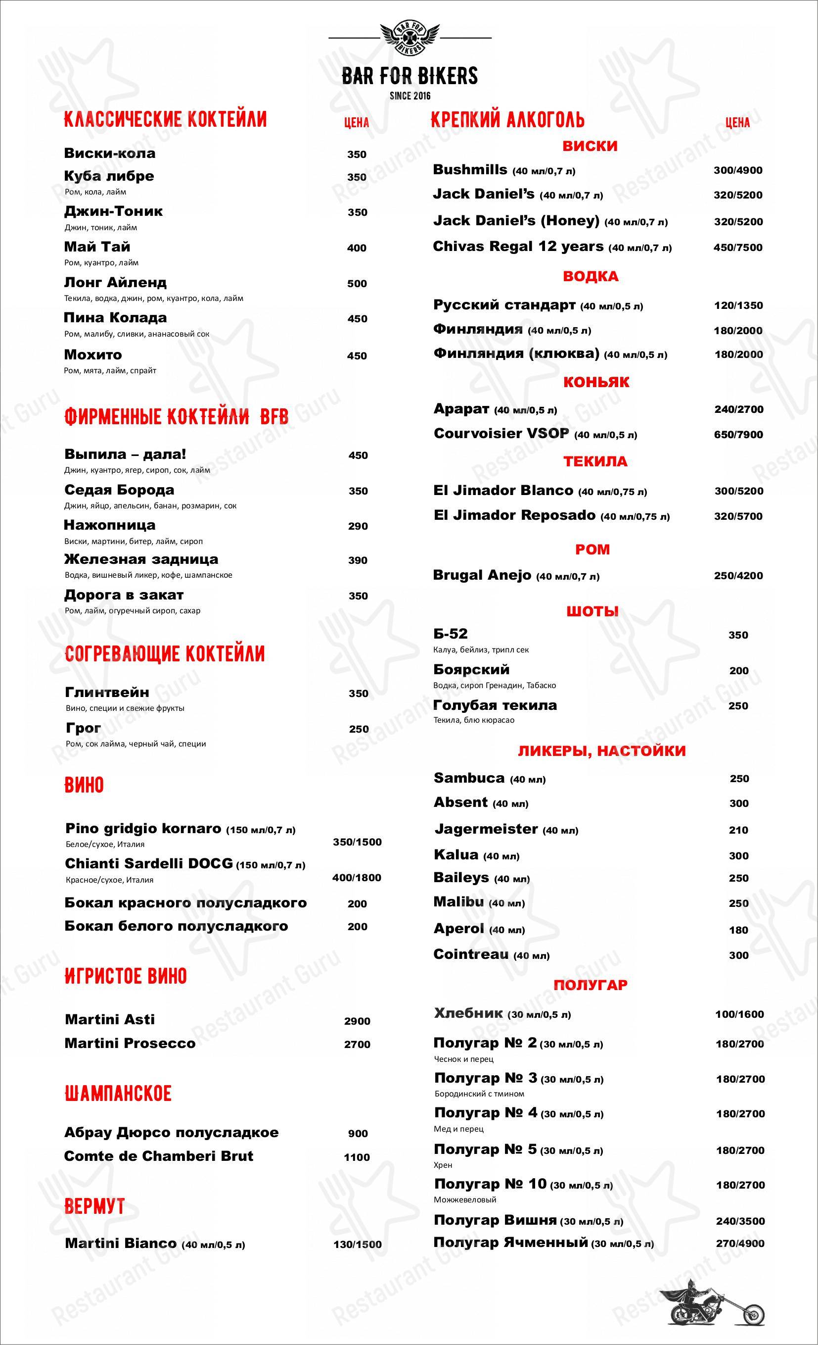 Меню для посетителей паба и бара BFB Bar