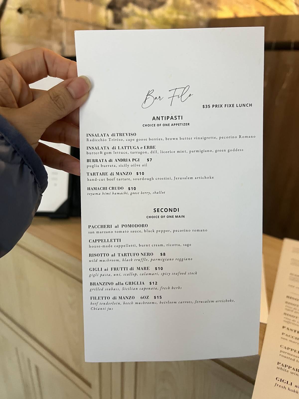 Bar Filo меню