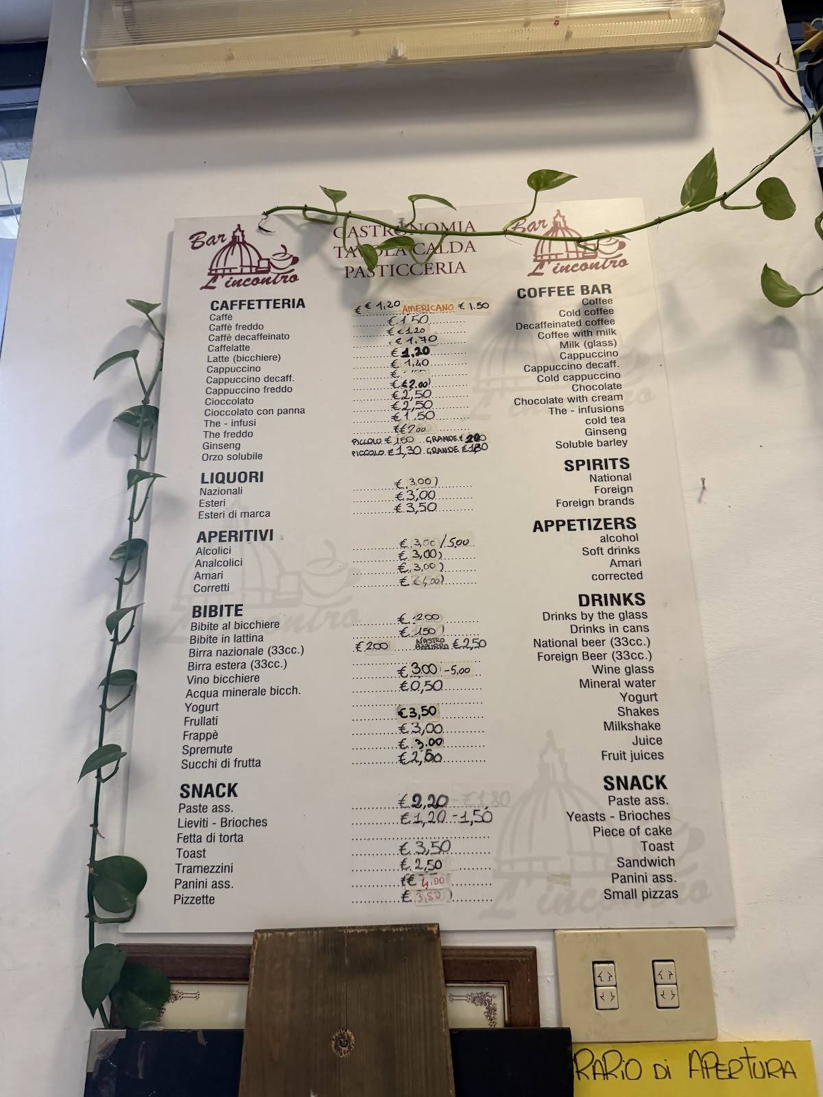 Bar L'Incontro меню