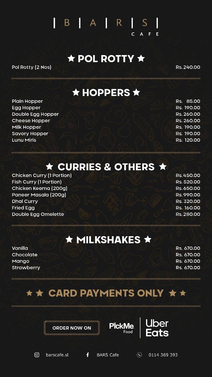 Bars Cafe меню