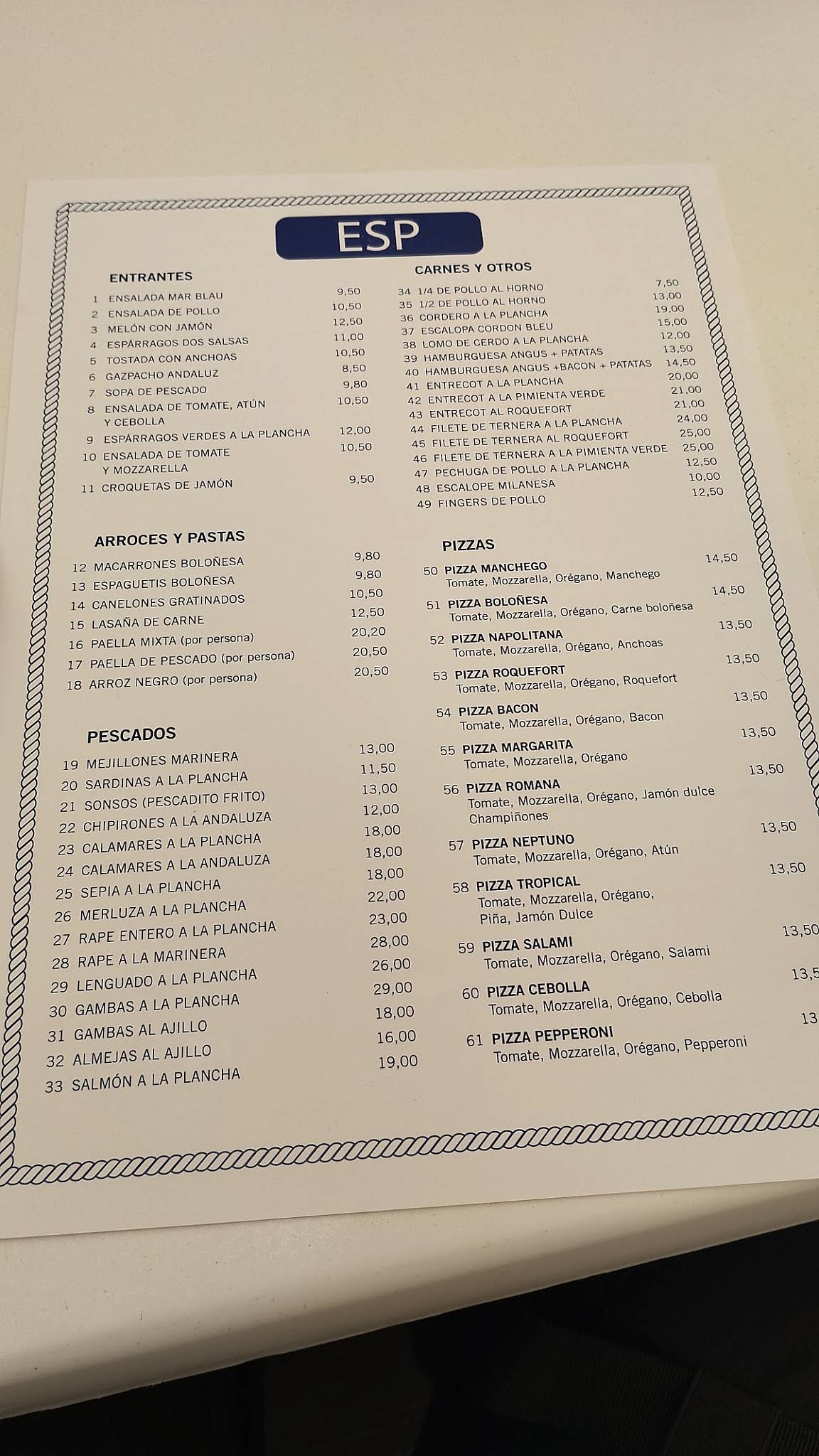 Restaurant Mar Blau меню