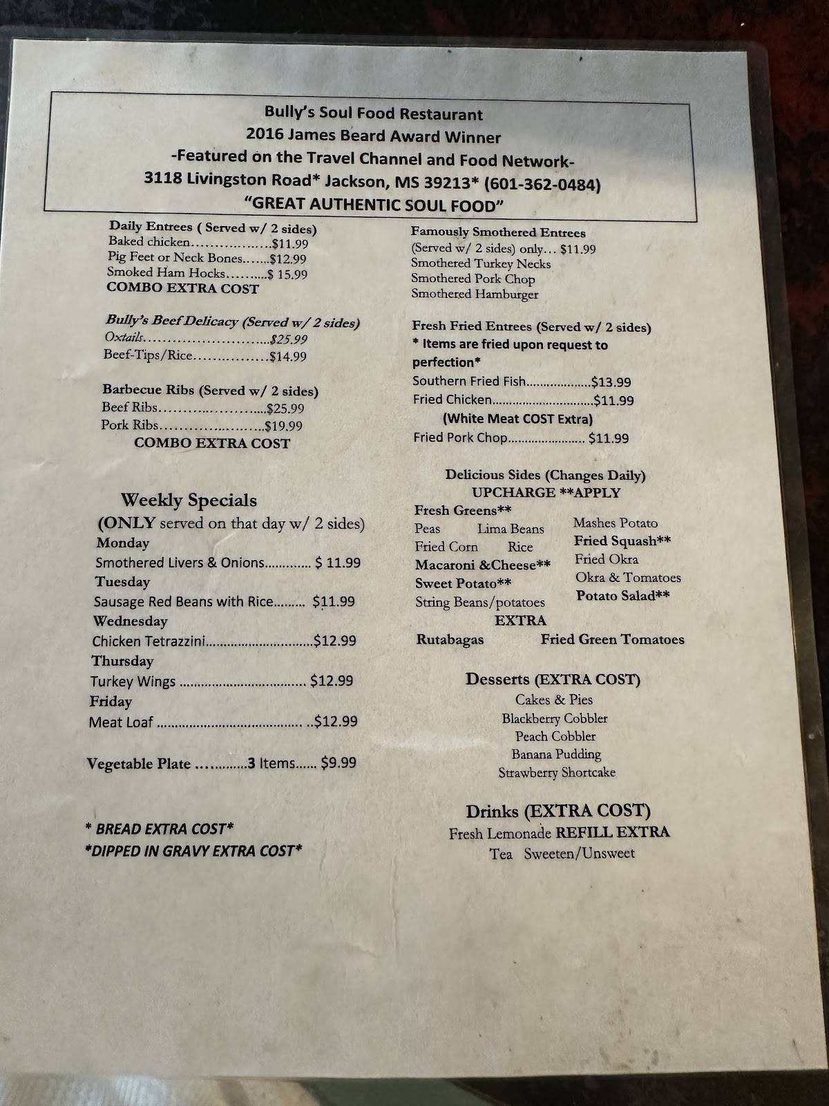 Bully's Soul Food Restaurant меню