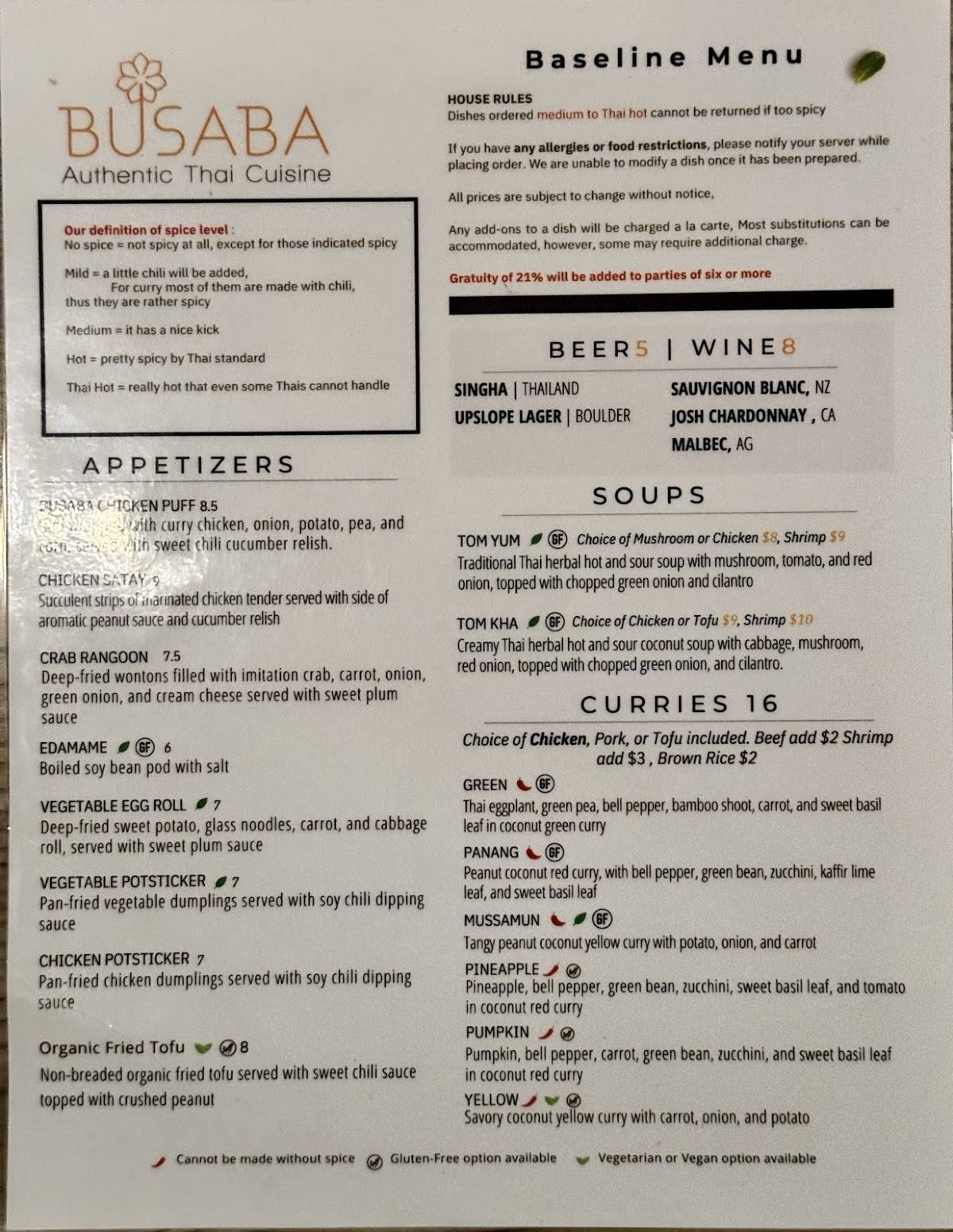 Busaba Thai Boulder меню