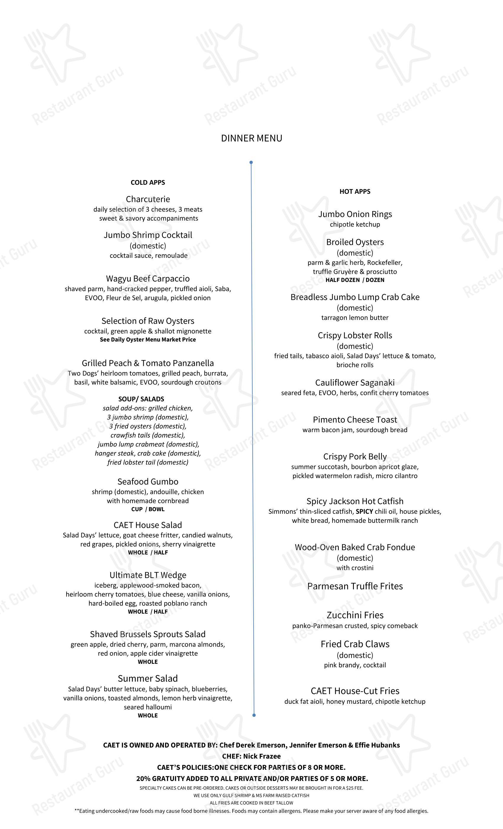 Меню для посетителей паба и бара Caet [seafood I oysterette]