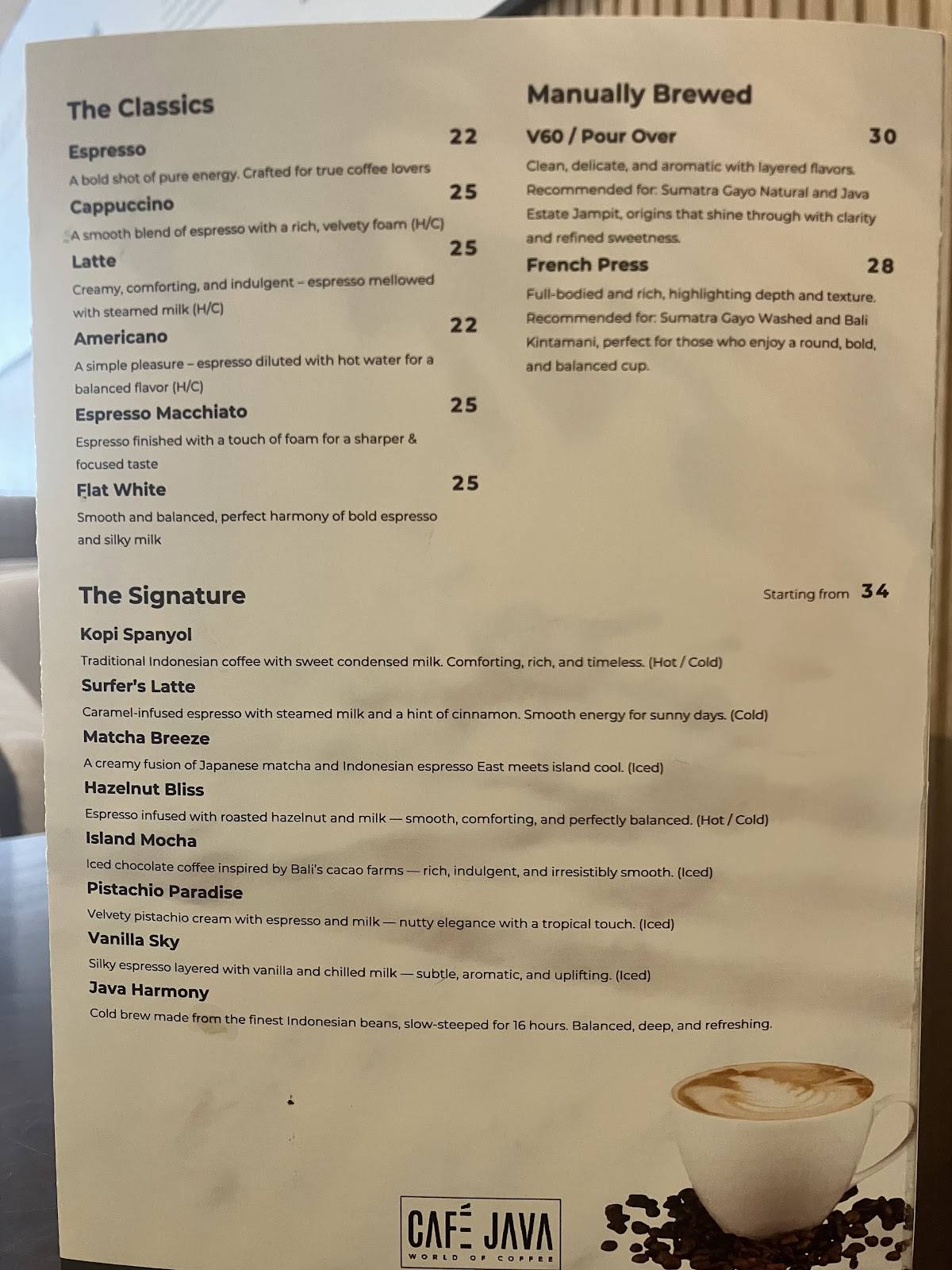 Café Java меню
