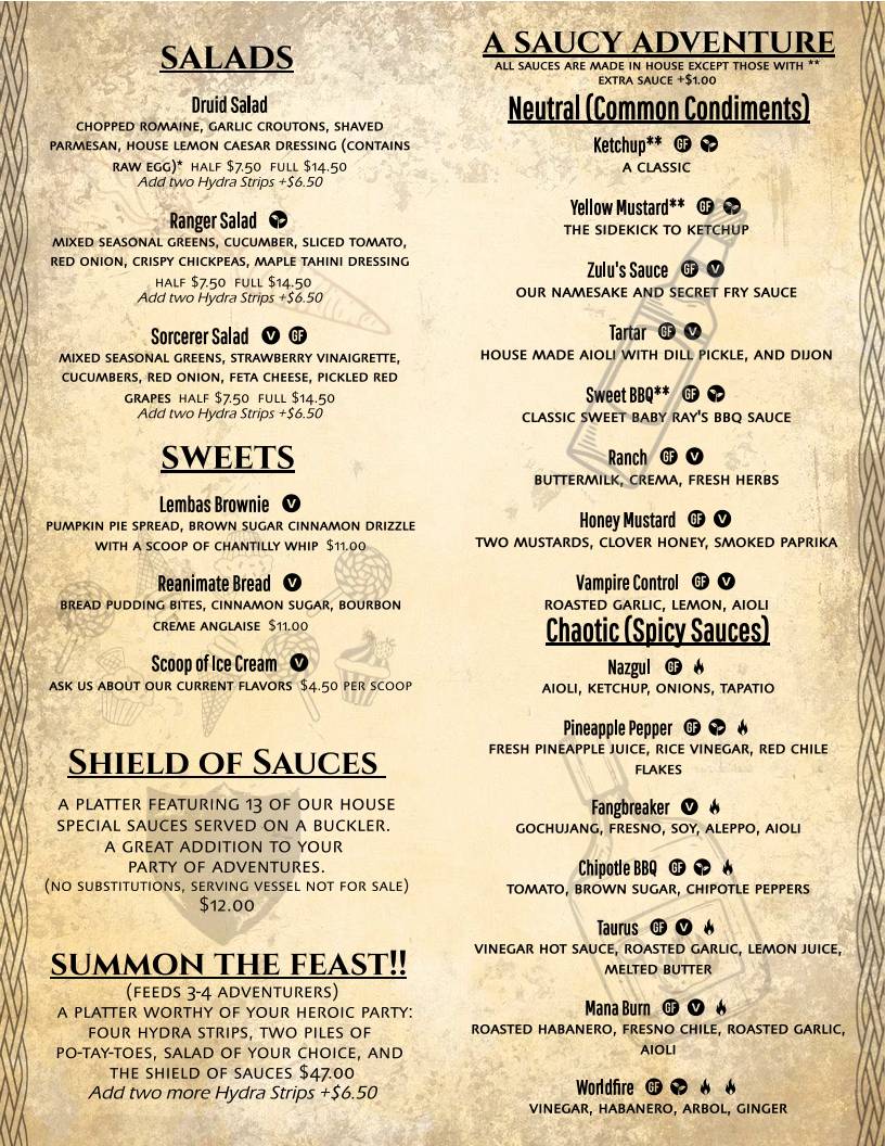 Zulu's Board Game Cafe меню