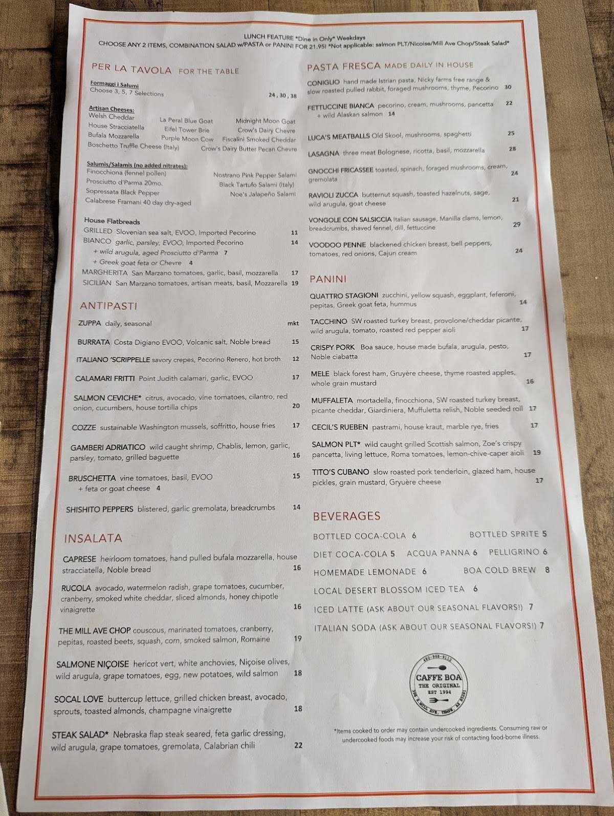 Caffe Boa TEMPE меню