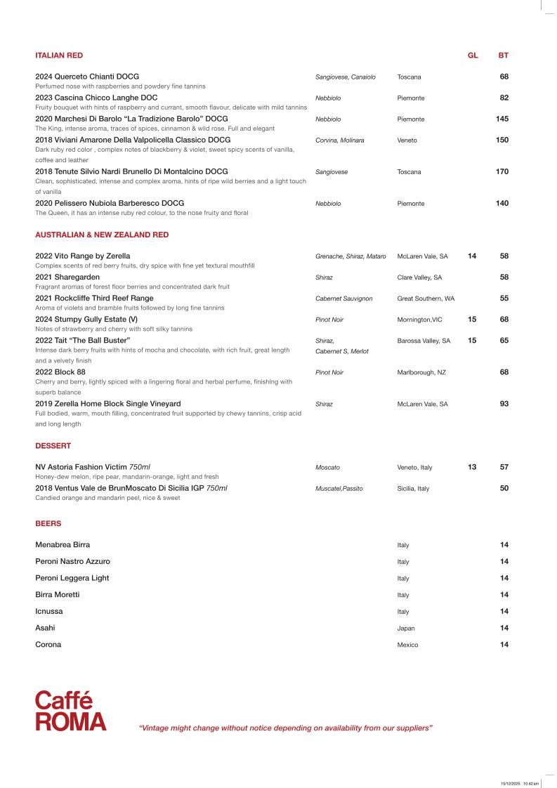 Caffè Roma меню
