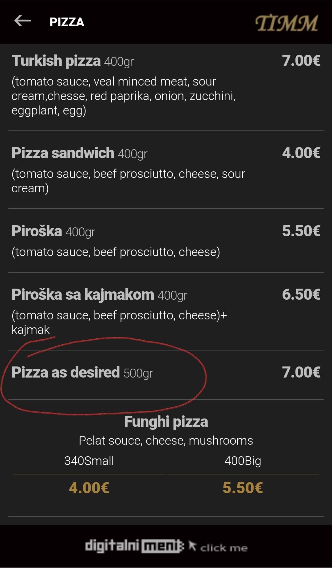 Caffe & Restuarant TIMM меню