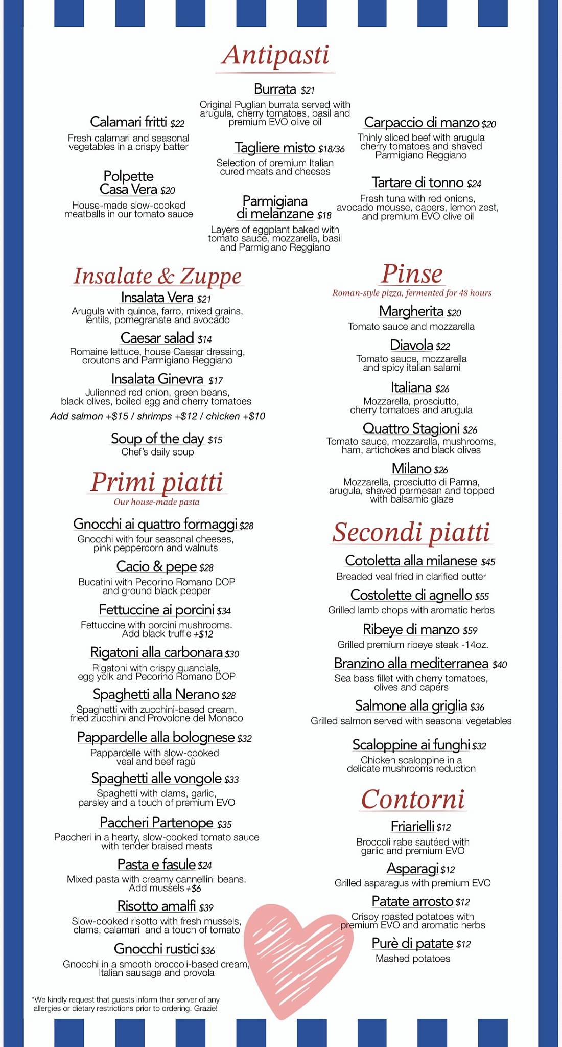 Casa Vera Ristorante меню