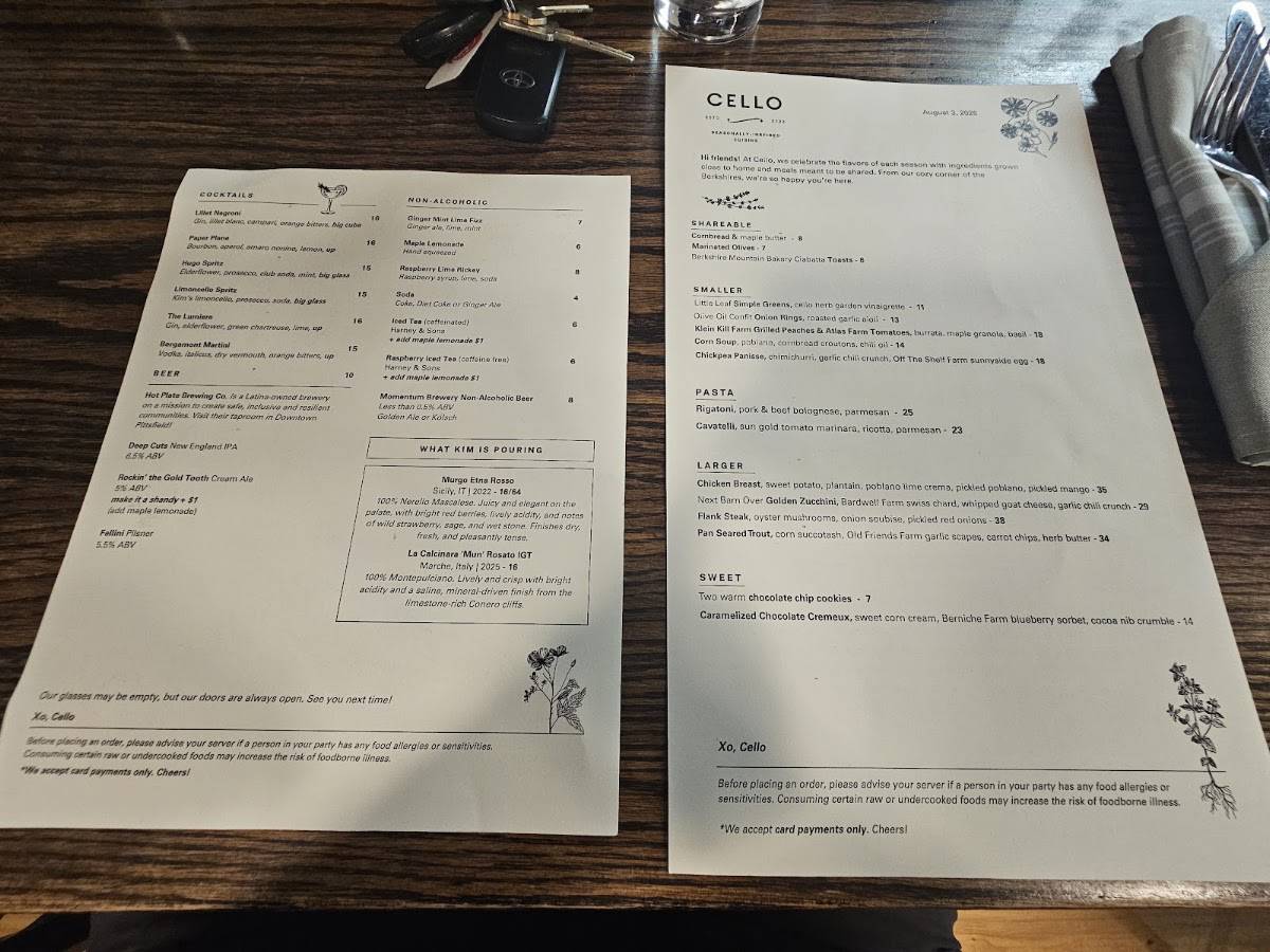 Cello Restaurant меню
