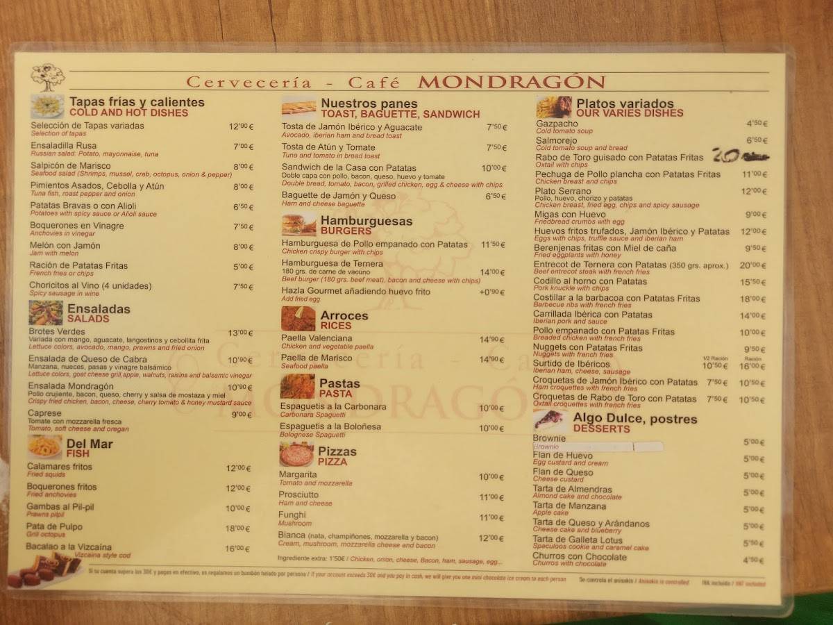 Cervecería, Café Mondragón меню