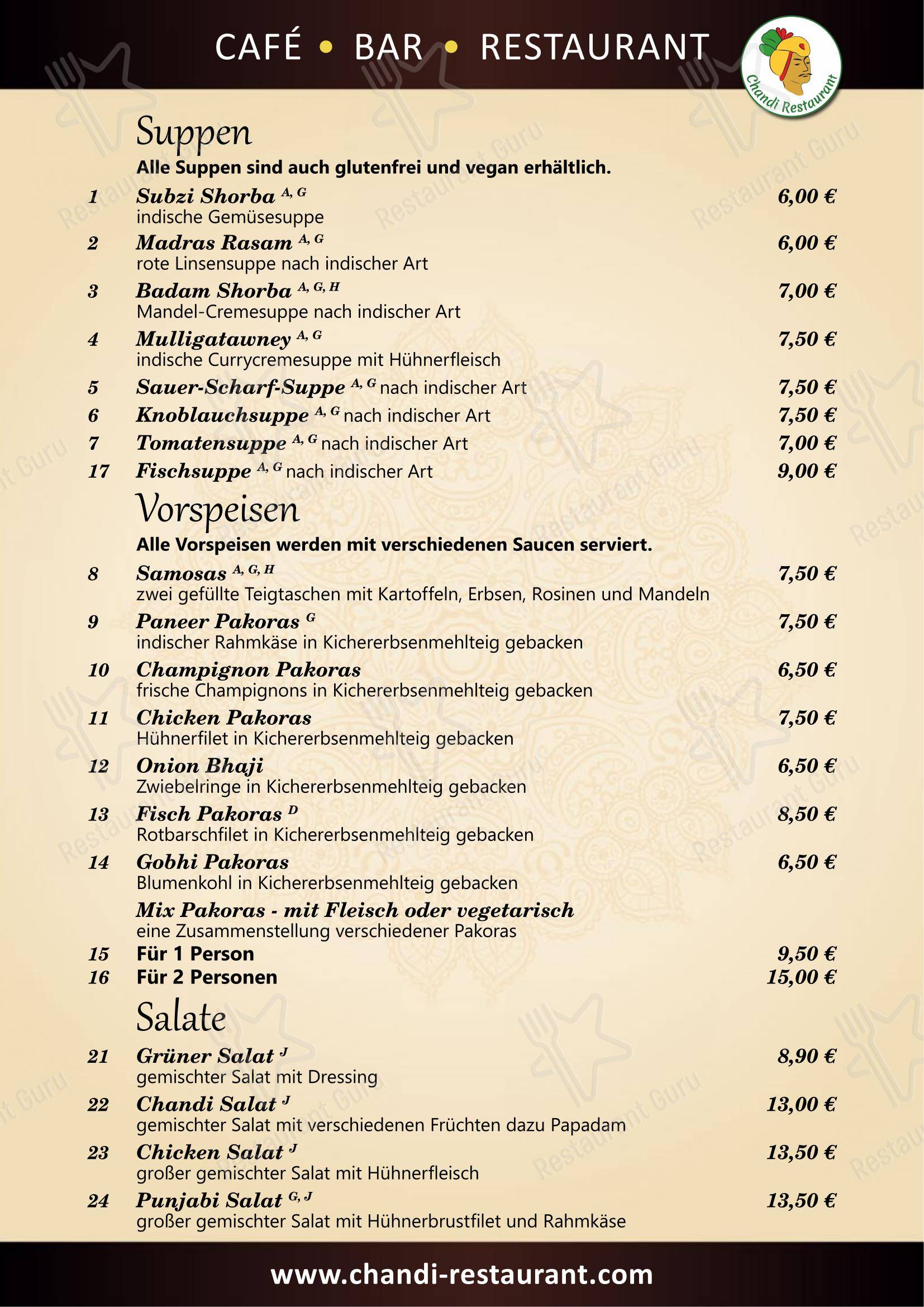 菜单 ресторана Chandi indisches Restaurant в Берлине
