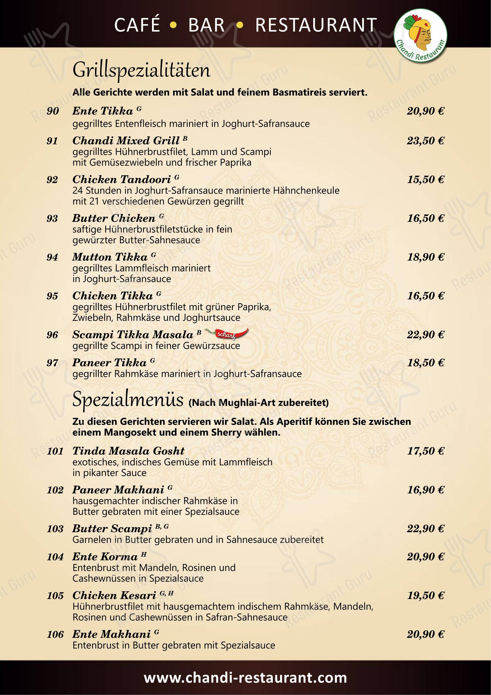 菜单 ресторана Chandi indisches Restaurant в Берлине