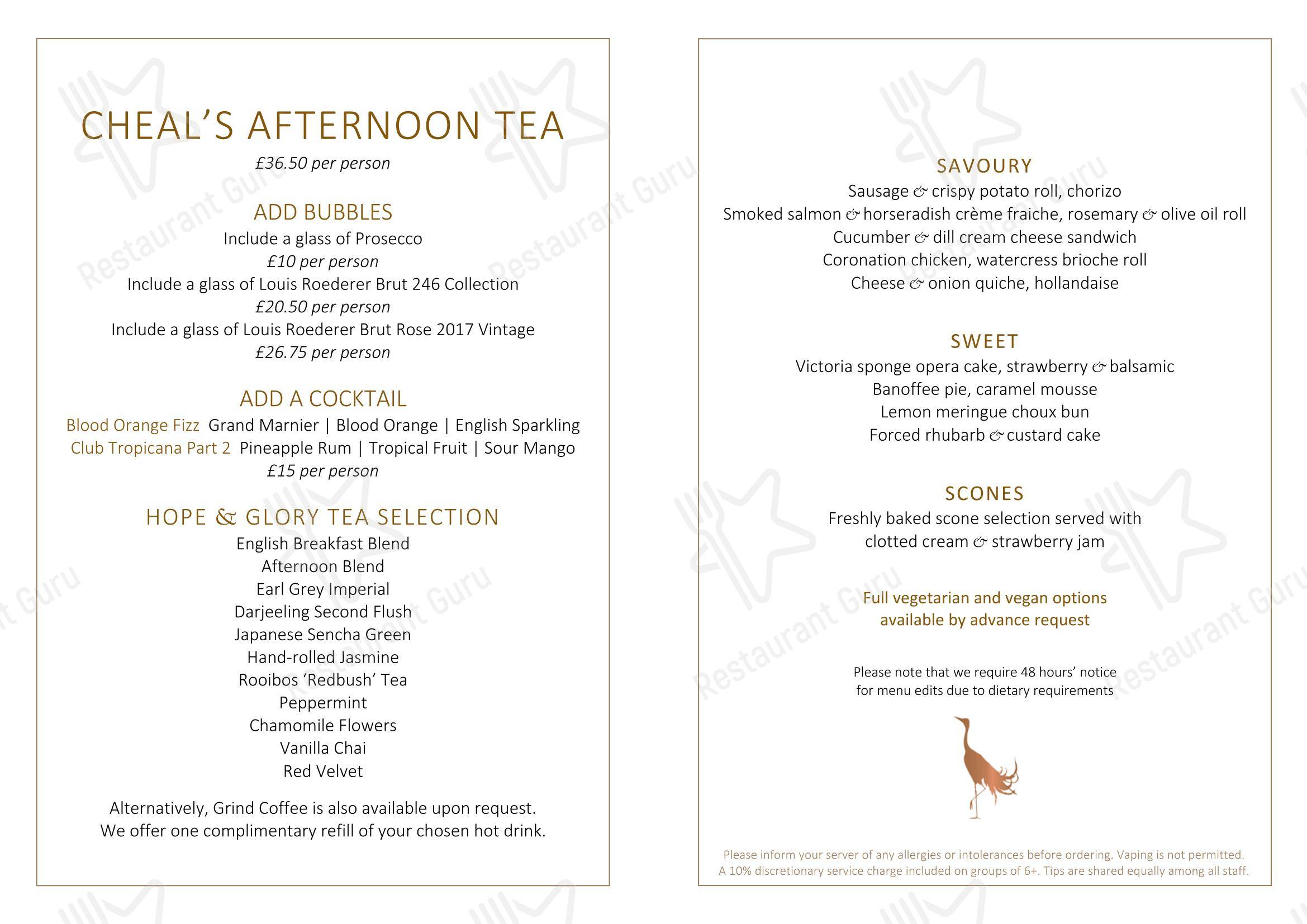 Table Menu ресторана Cheals в Солихалле