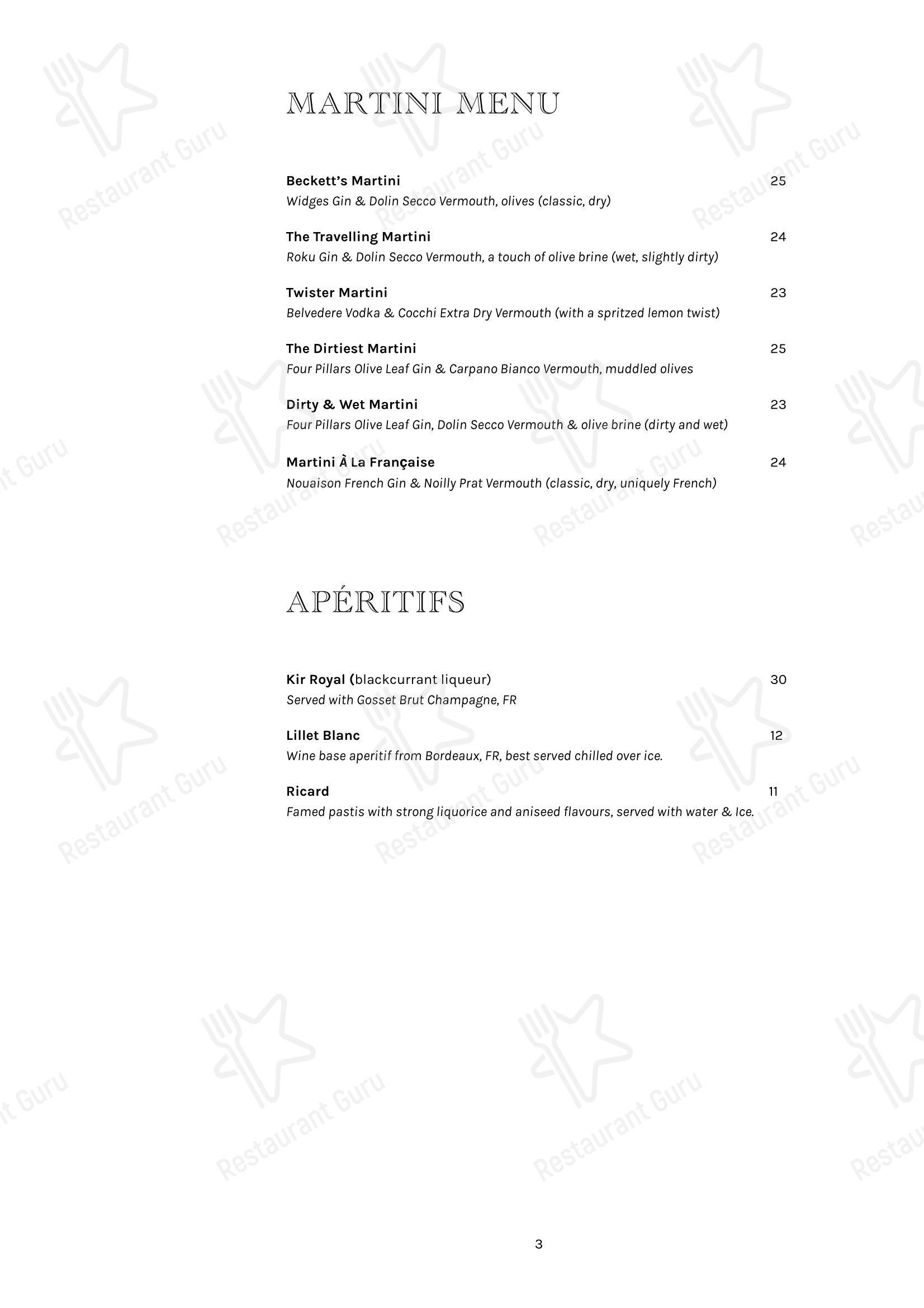Ночное меню ресторана Chez Beckett's
