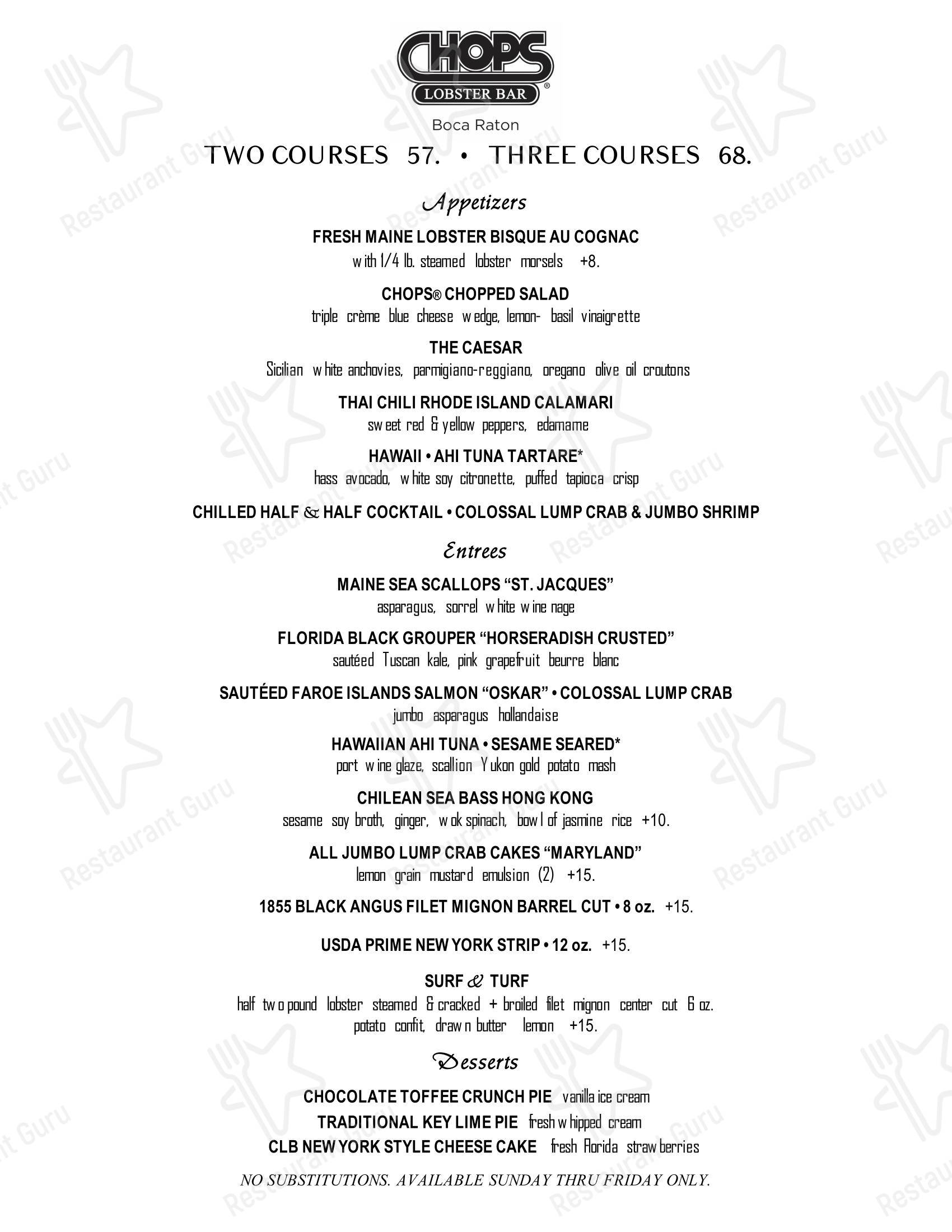 Меню паба и бара Chops Lobster Bar