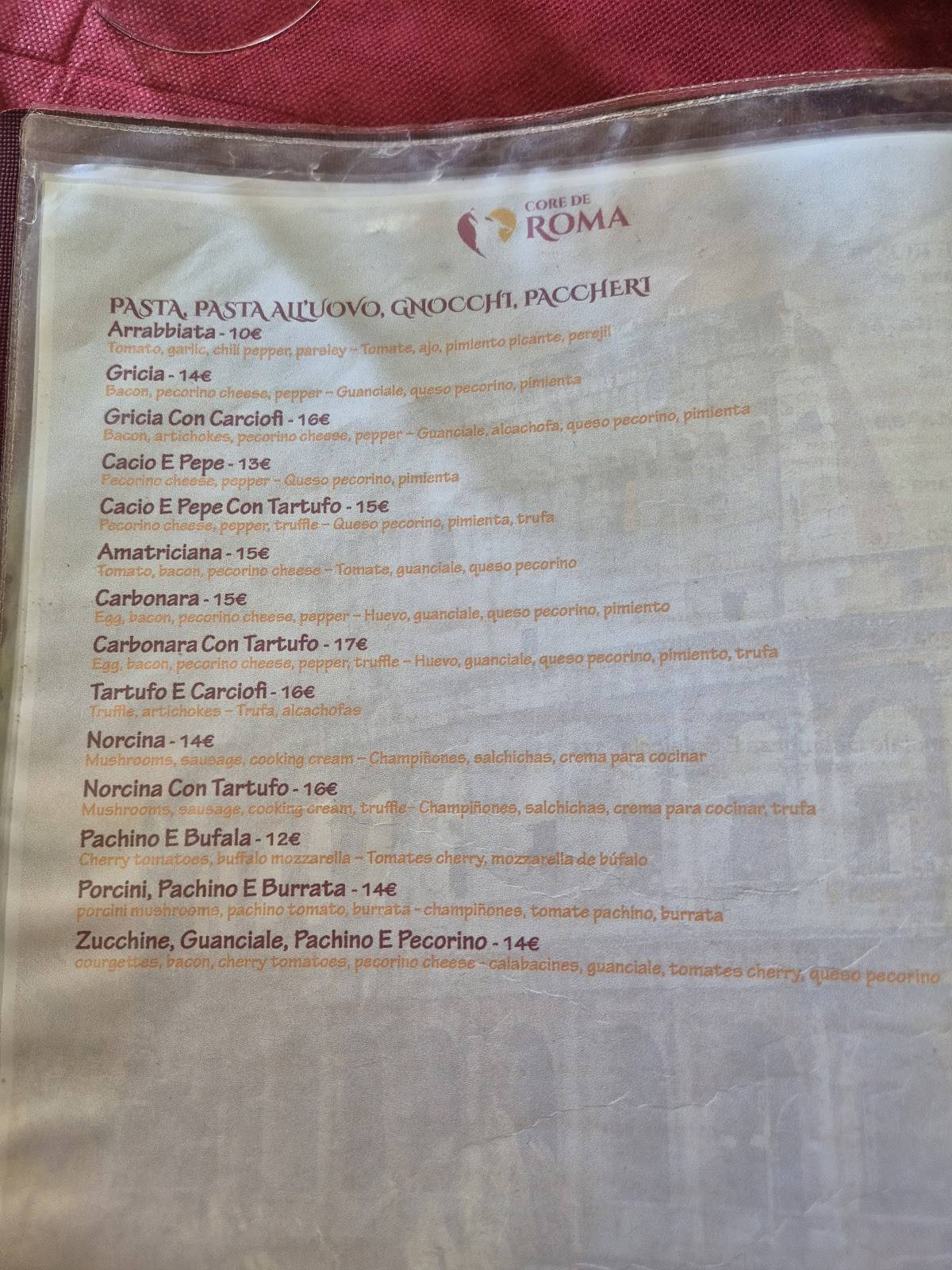 Core de Roma меню