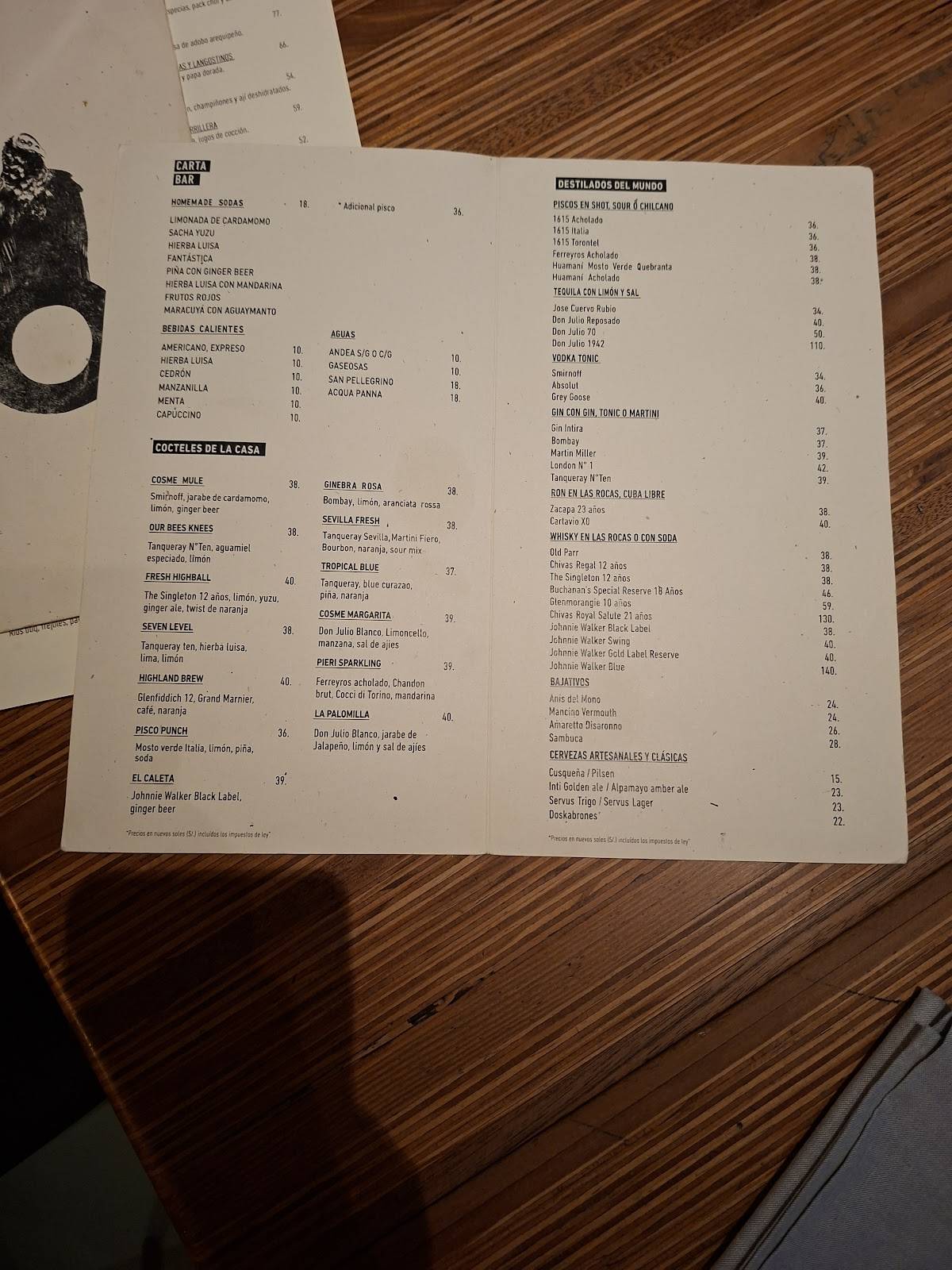 Cosme Restaurante y Bar меню