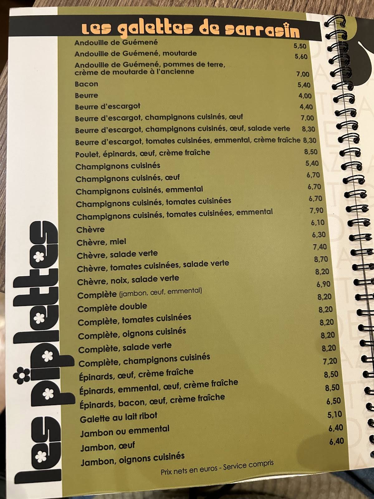 Creperie les Piplettes меню