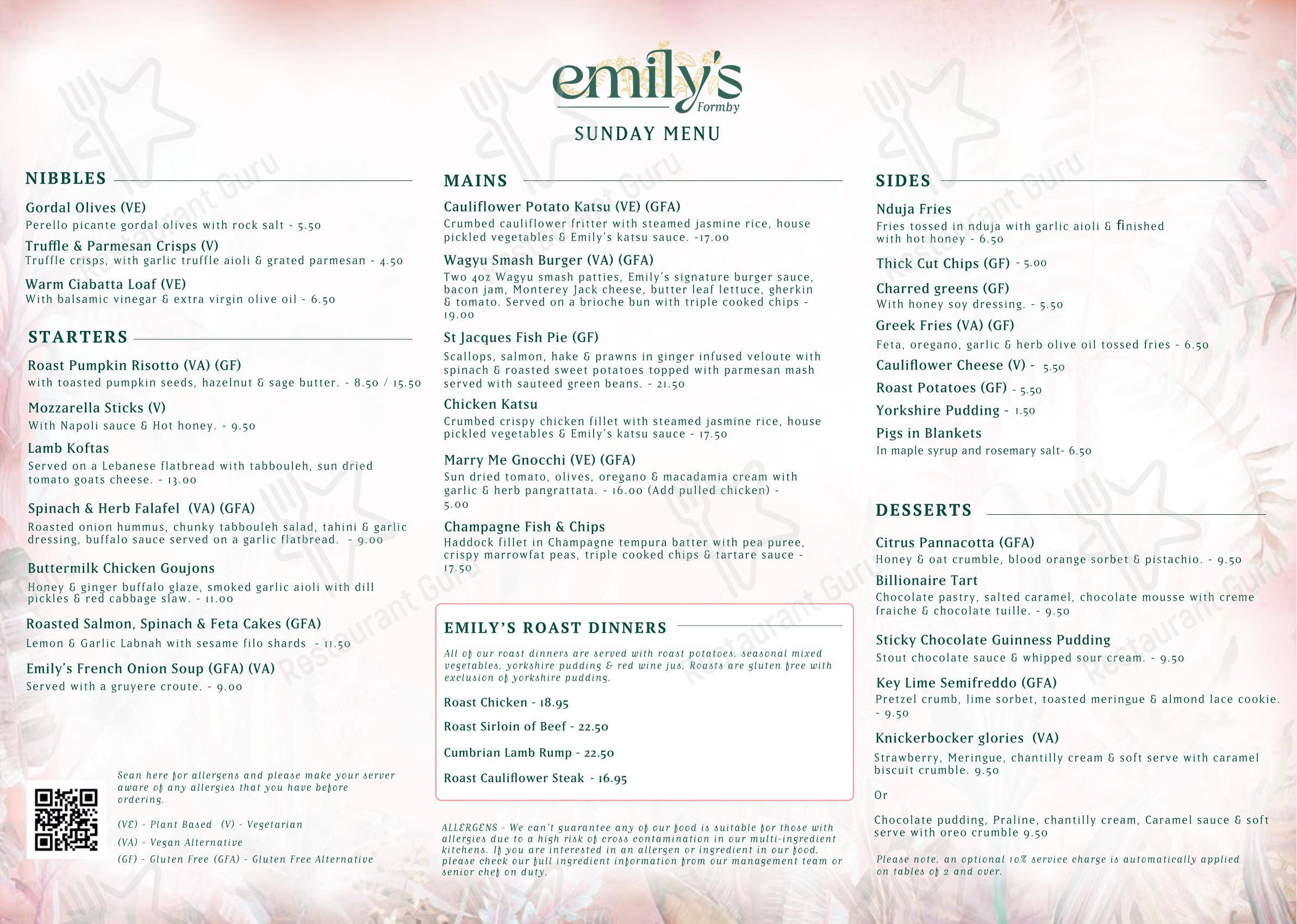 Dinner Menu паба и бара Emily's в Формби