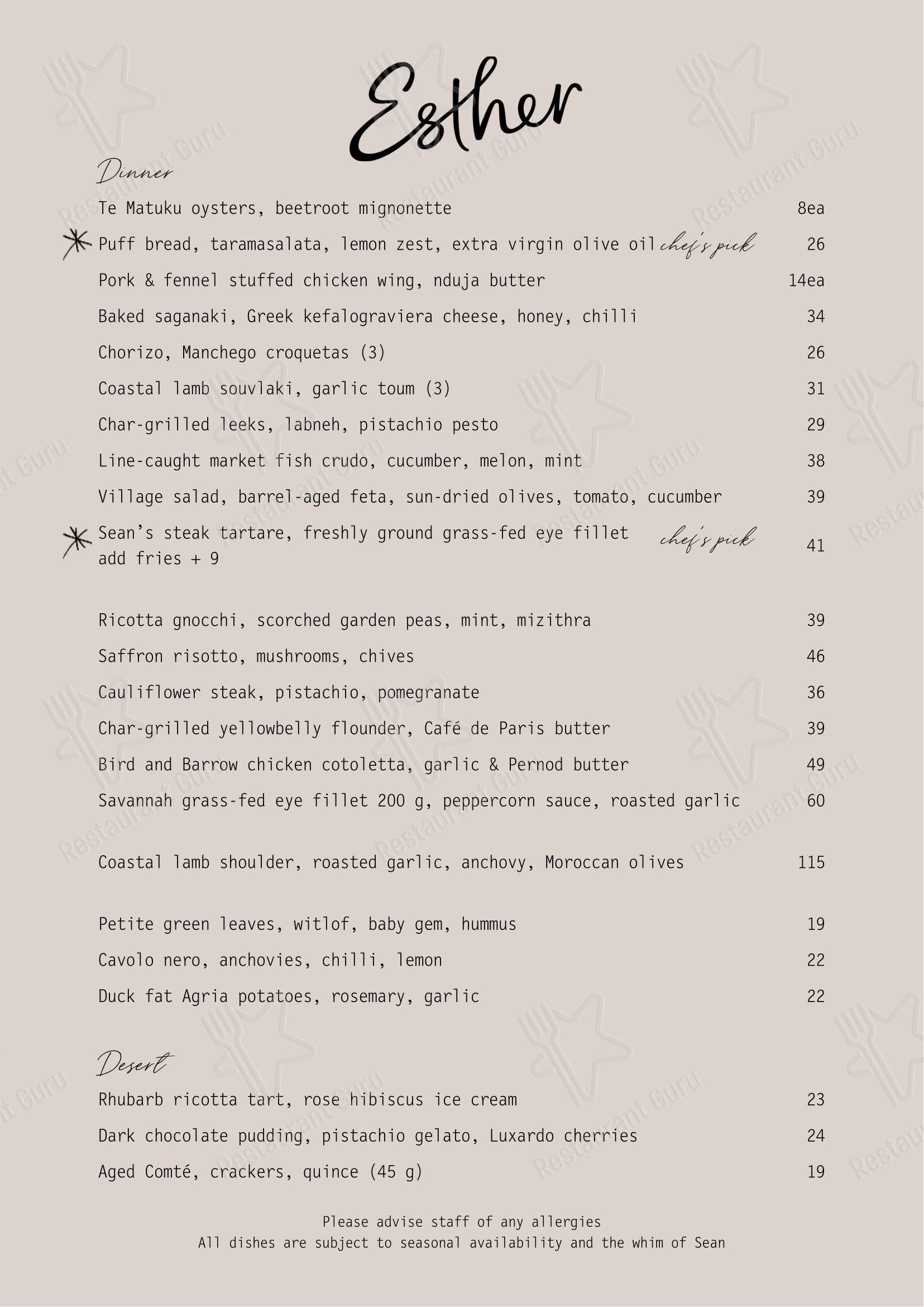 Esther Restaurant в Окленде - Wine Menu