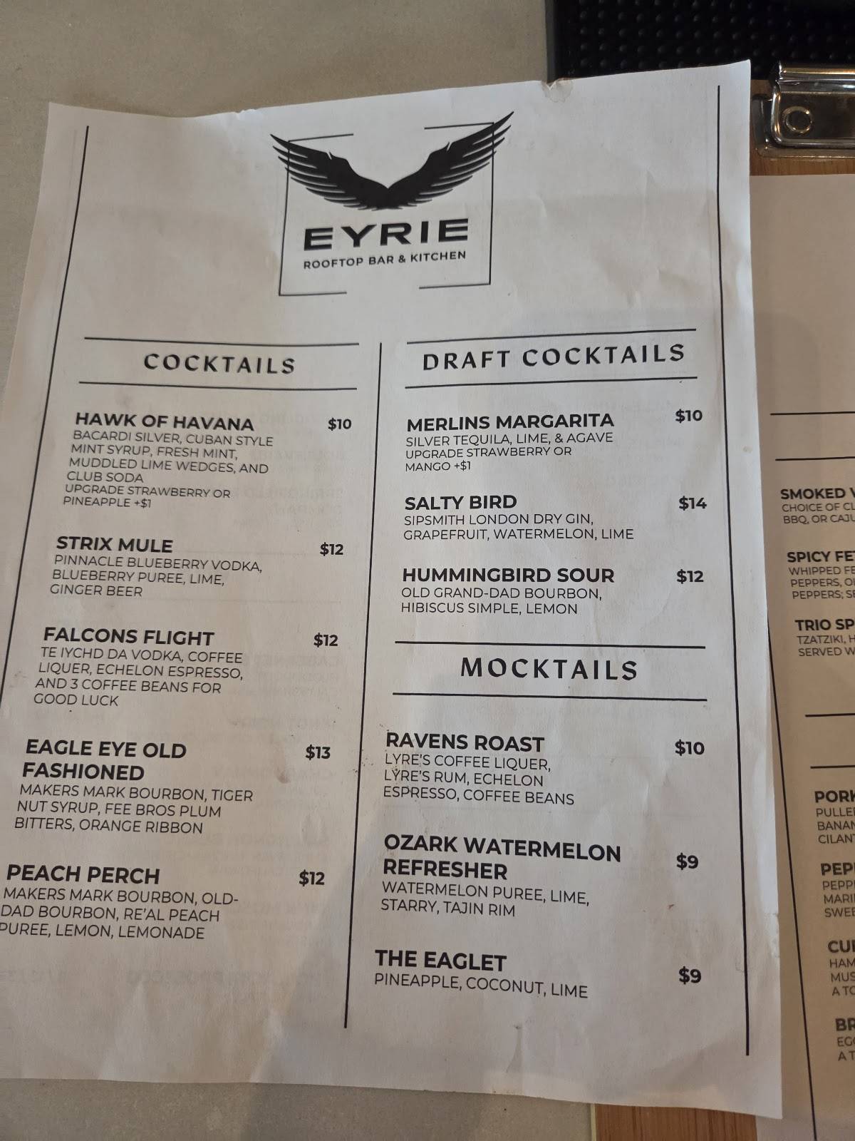 Eyrie Rooftop Bar & Kitchen меню