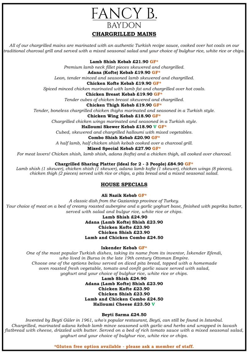 Fancy B. Turkish Restaurant & Pub меню