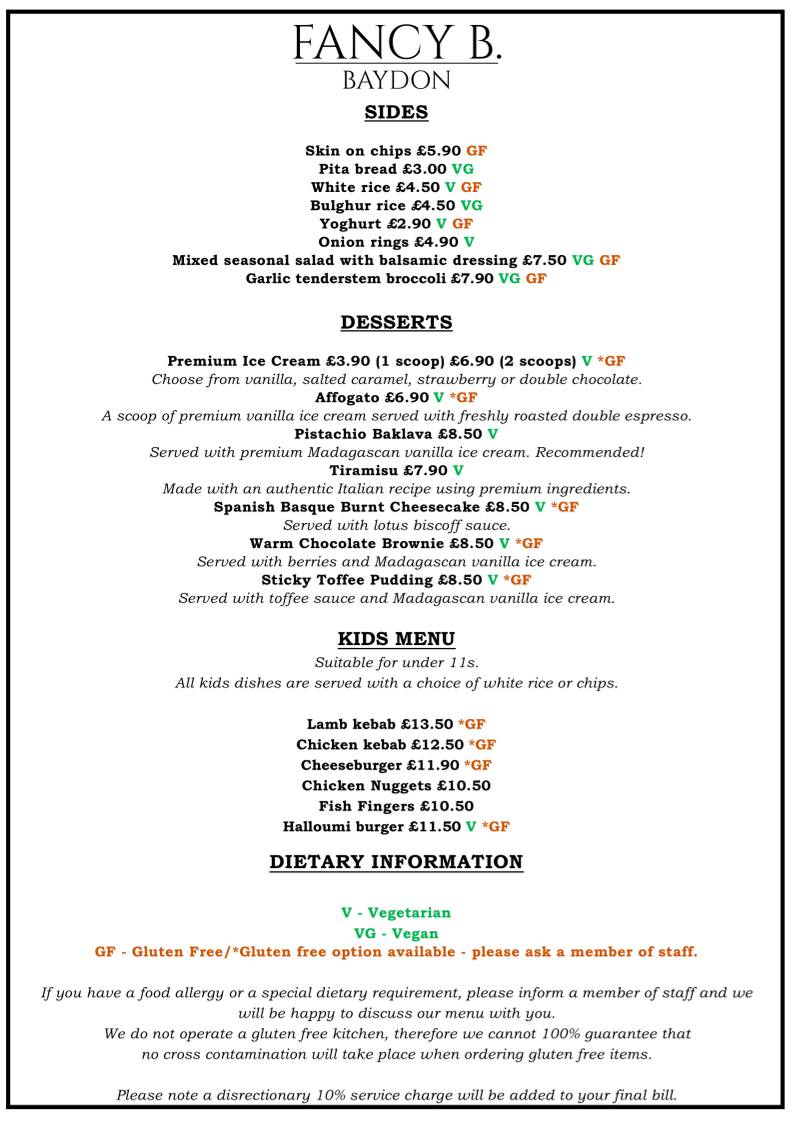 Fancy B. Turkish Restaurant & Pub меню