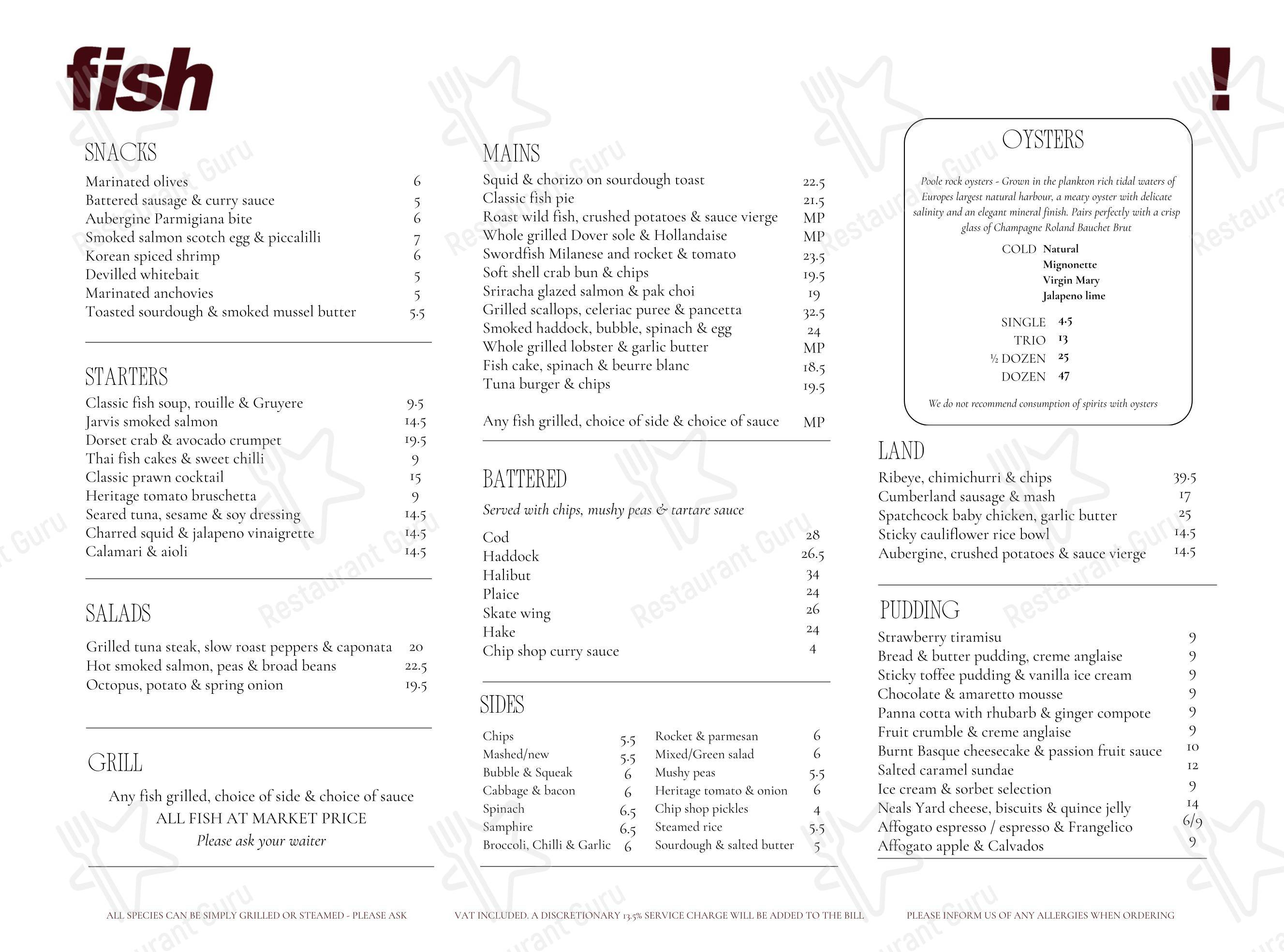 Основное меню ресторана Fish! Borough Market Restaurant в Лондоне
