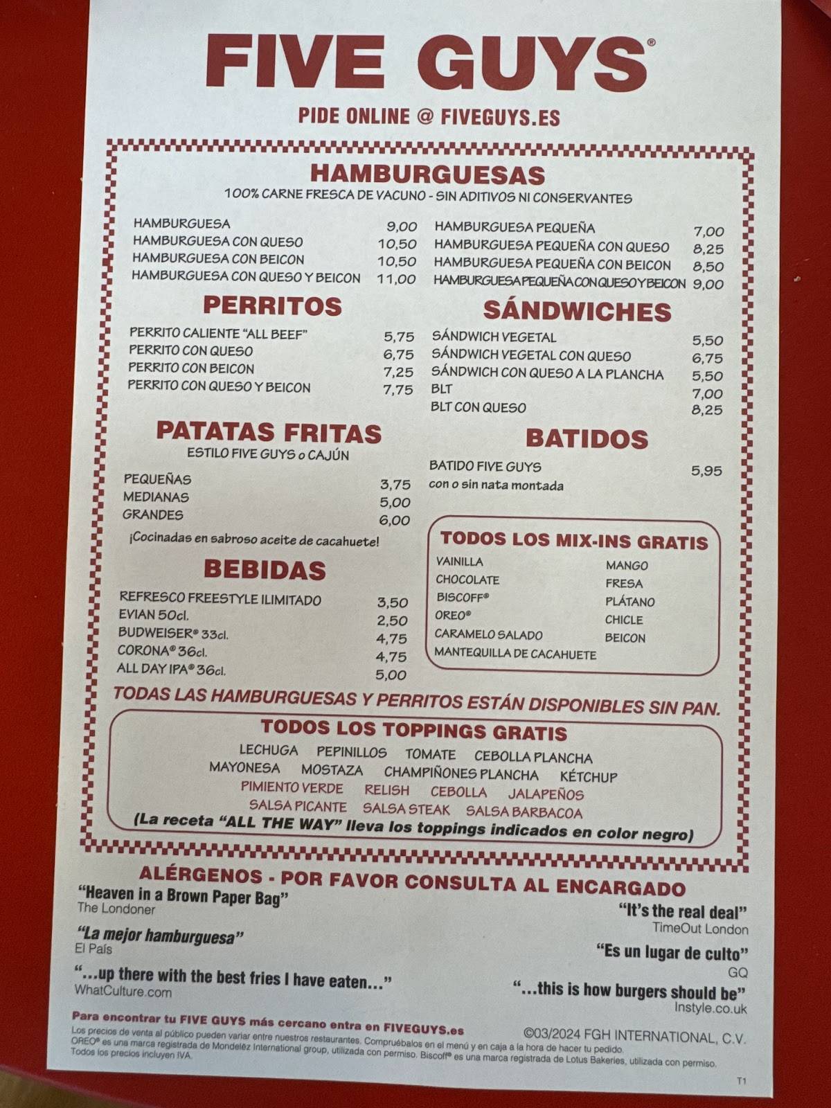 Five Guys Burgers and Fries Getafe The Style Outlets меню