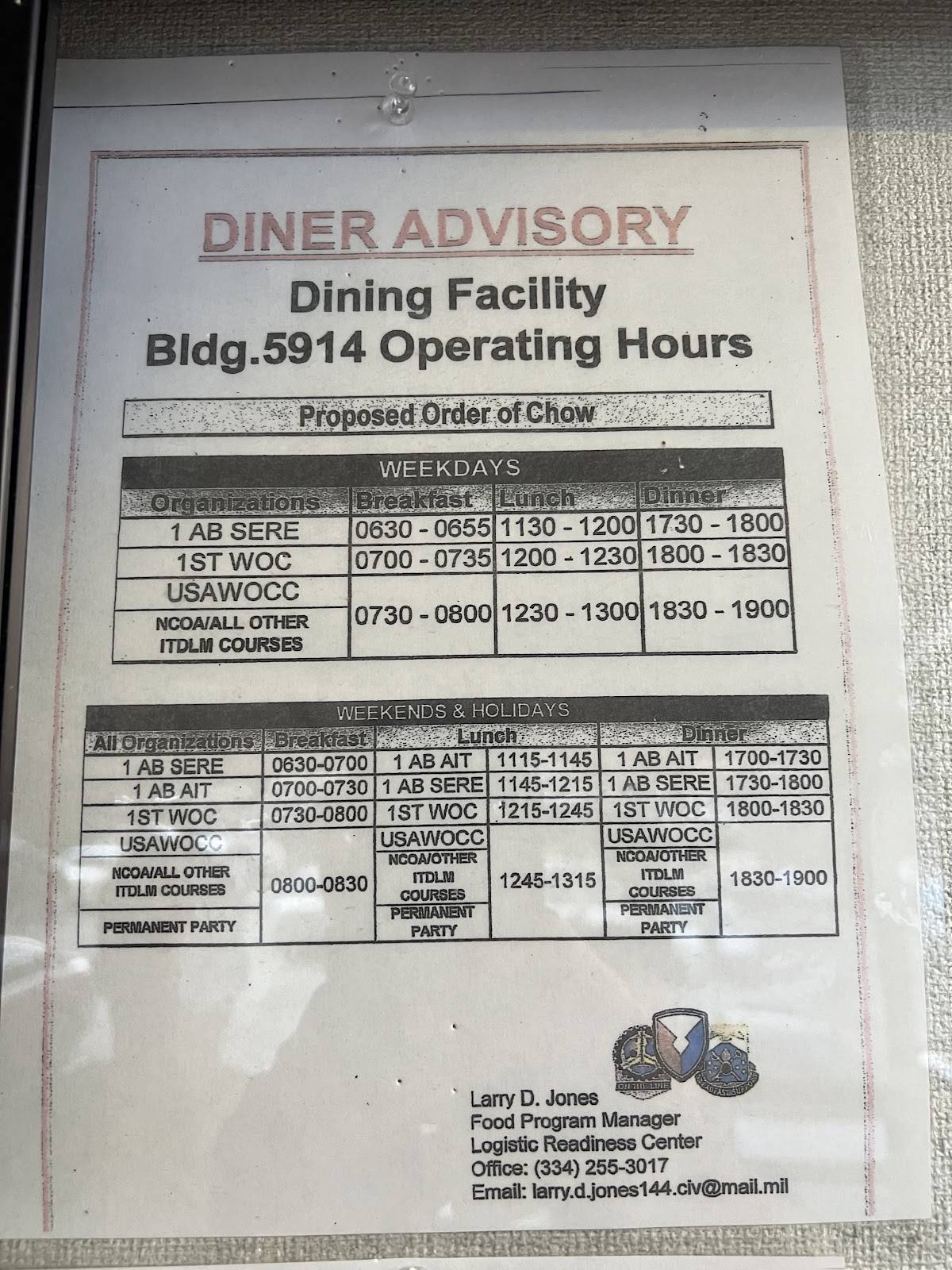 Fort Rucker Dining Facility 2 (BLDG 5914) меню