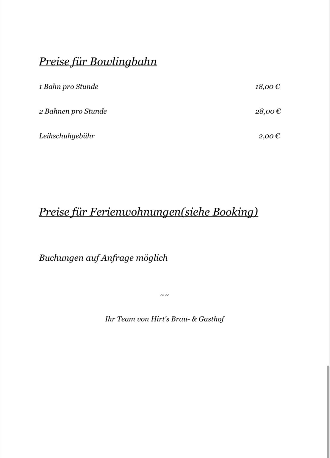 Hirt's Brau- & Gasthof меню