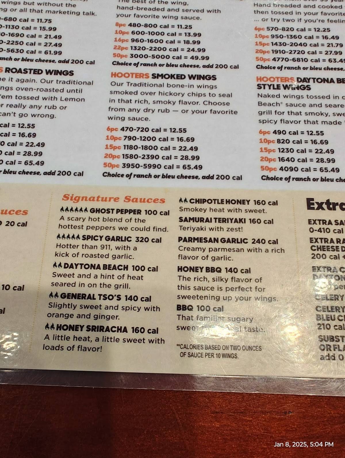Hooters меню
